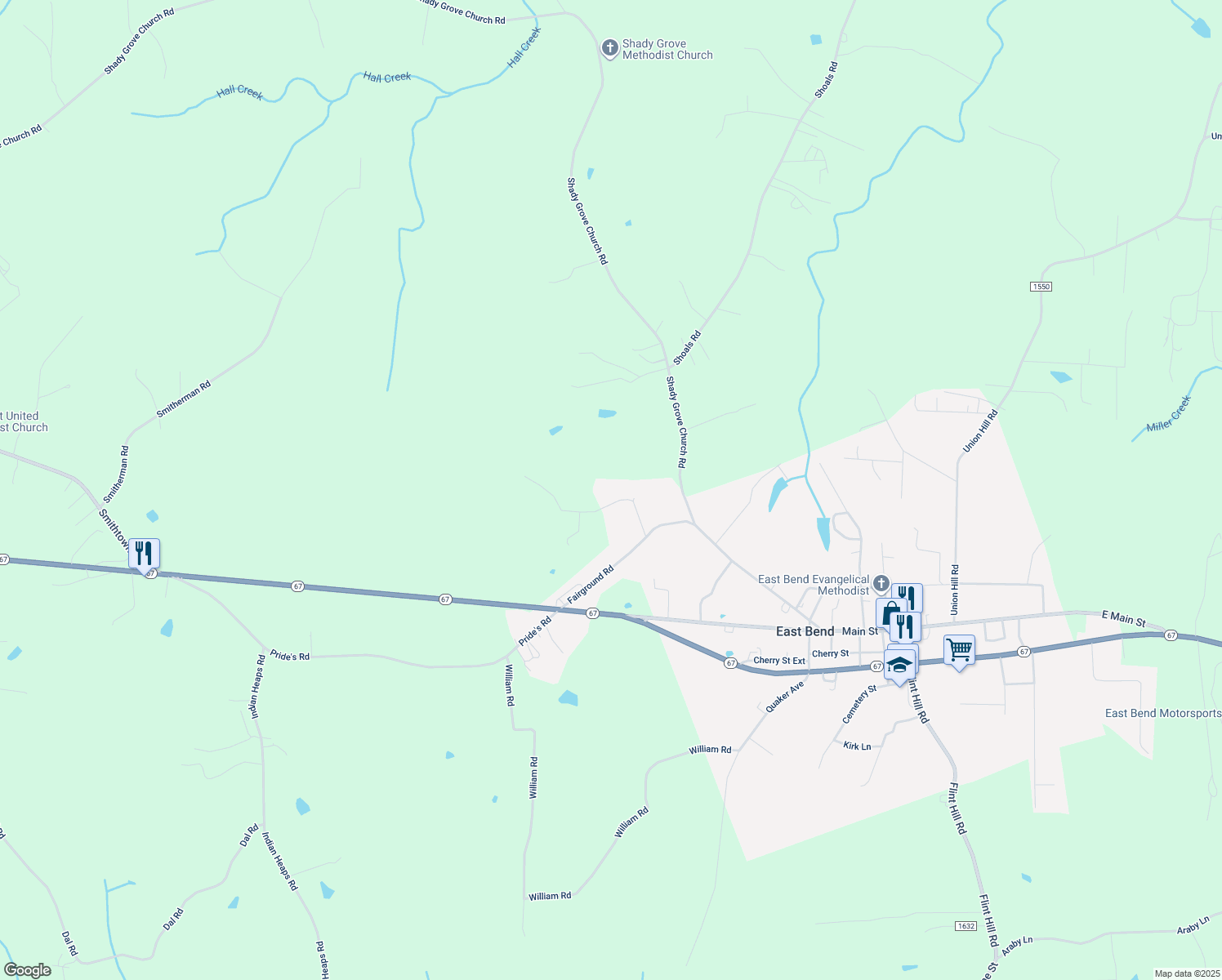 map of restaurants, bars, coffee shops, grocery stores, and more near 1002 Adrienne Lane in East Bend