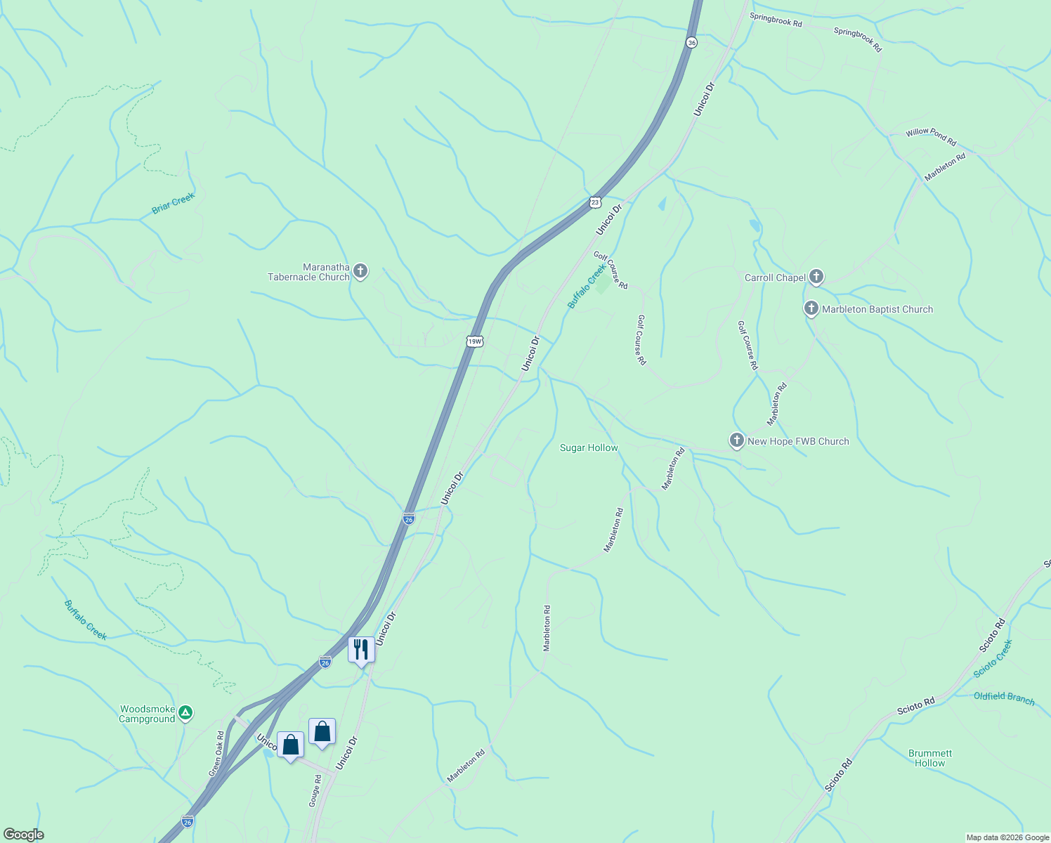 map of restaurants, bars, coffee shops, grocery stores, and more near 112 Meadowbrook Drive in Unicoi