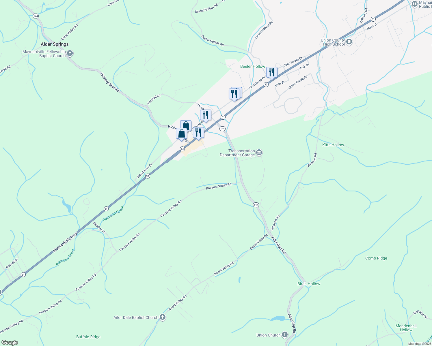 map of restaurants, bars, coffee shops, grocery stores, and more near 719 Possum Valley Rd in Maynardville
