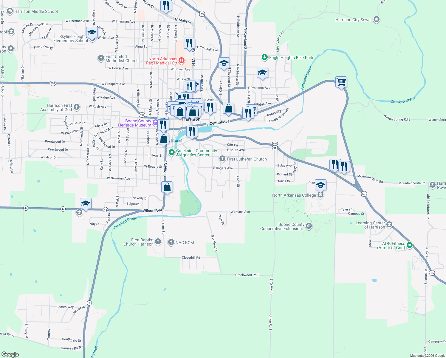map of restaurants, bars, coffee shops, grocery stores, and more near 612 South Locust Street in Harrison
