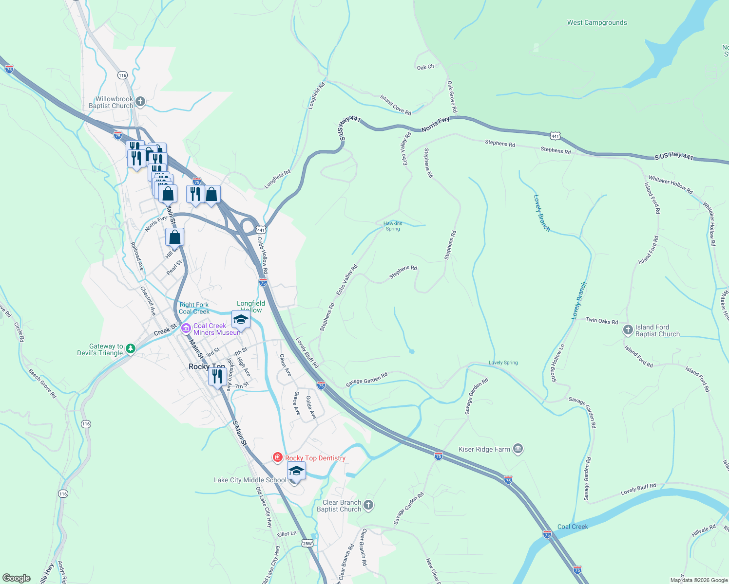 map of restaurants, bars, coffee shops, grocery stores, and more near 265 Stephens Road in Lake City