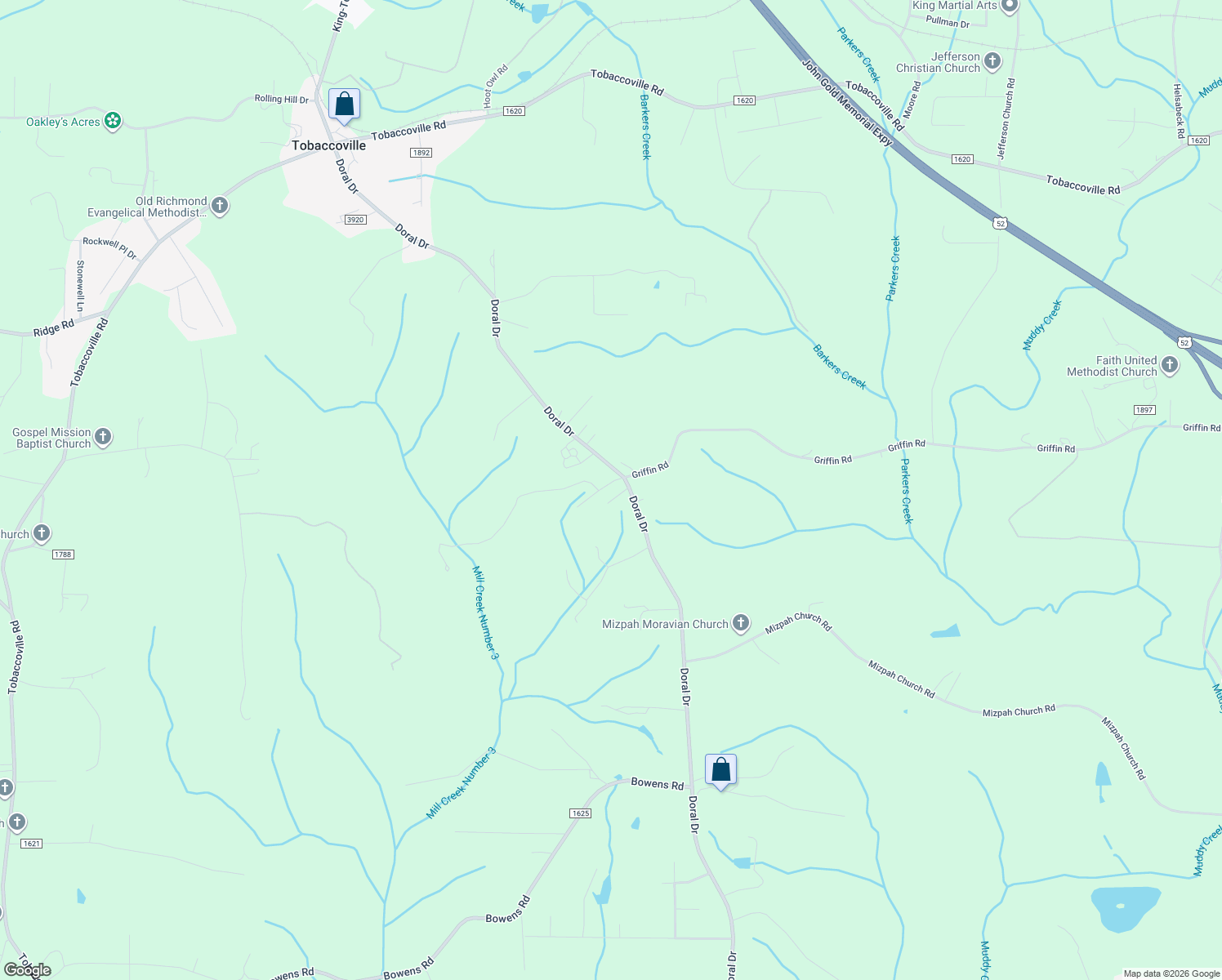 map of restaurants, bars, coffee shops, grocery stores, and more near 3510 Doral Ct in Tobaccoville