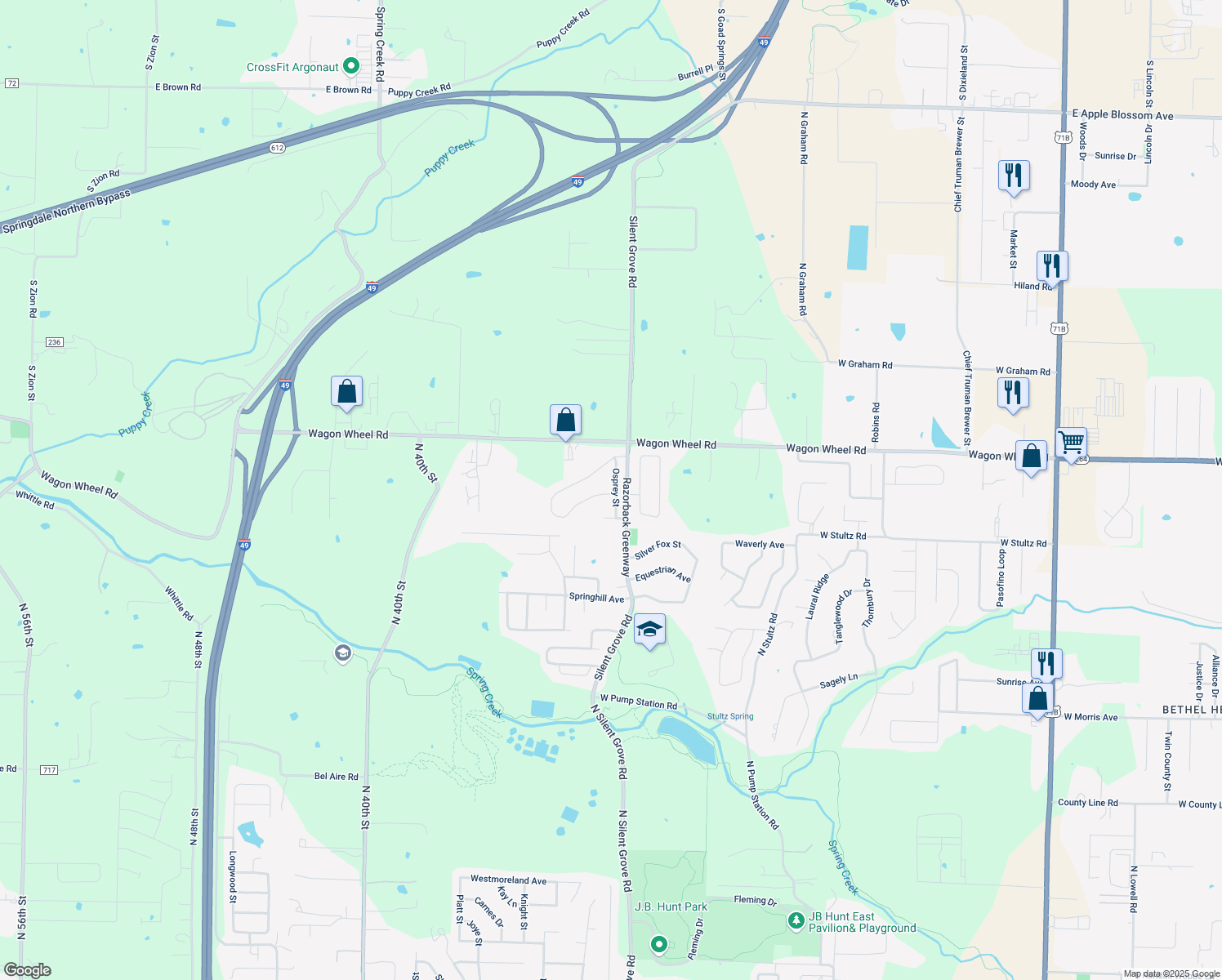 map of restaurants, bars, coffee shops, grocery stores, and more near 4278 Osprey St in Springdale