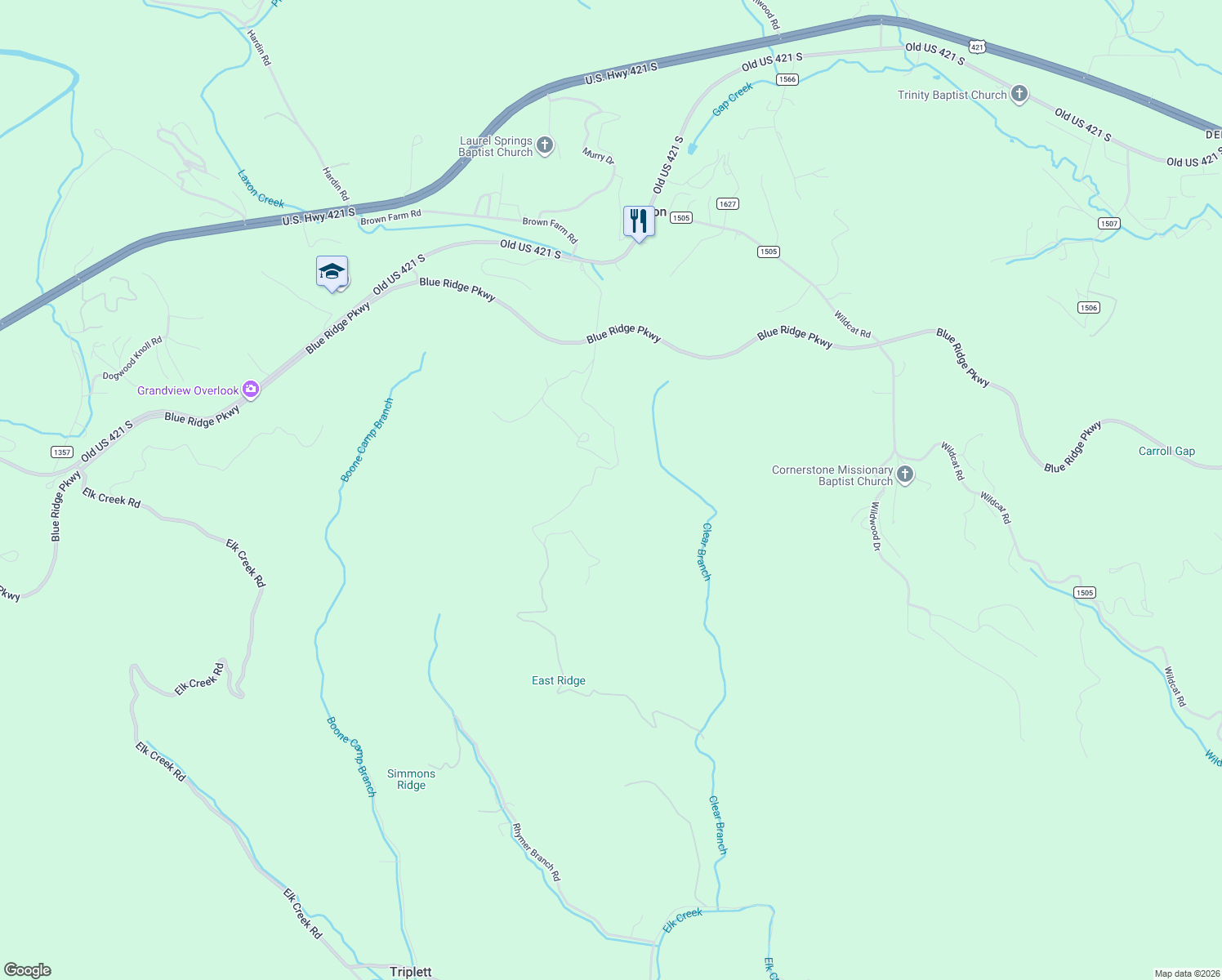 map of restaurants, bars, coffee shops, grocery stores, and more near 689 Old East Ridge Road in Boone