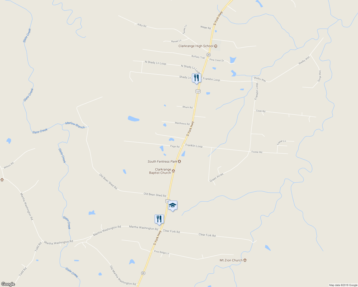 map of restaurants, bars, coffee shops, grocery stores, and more near 6166 South York Highway in Clarkrange