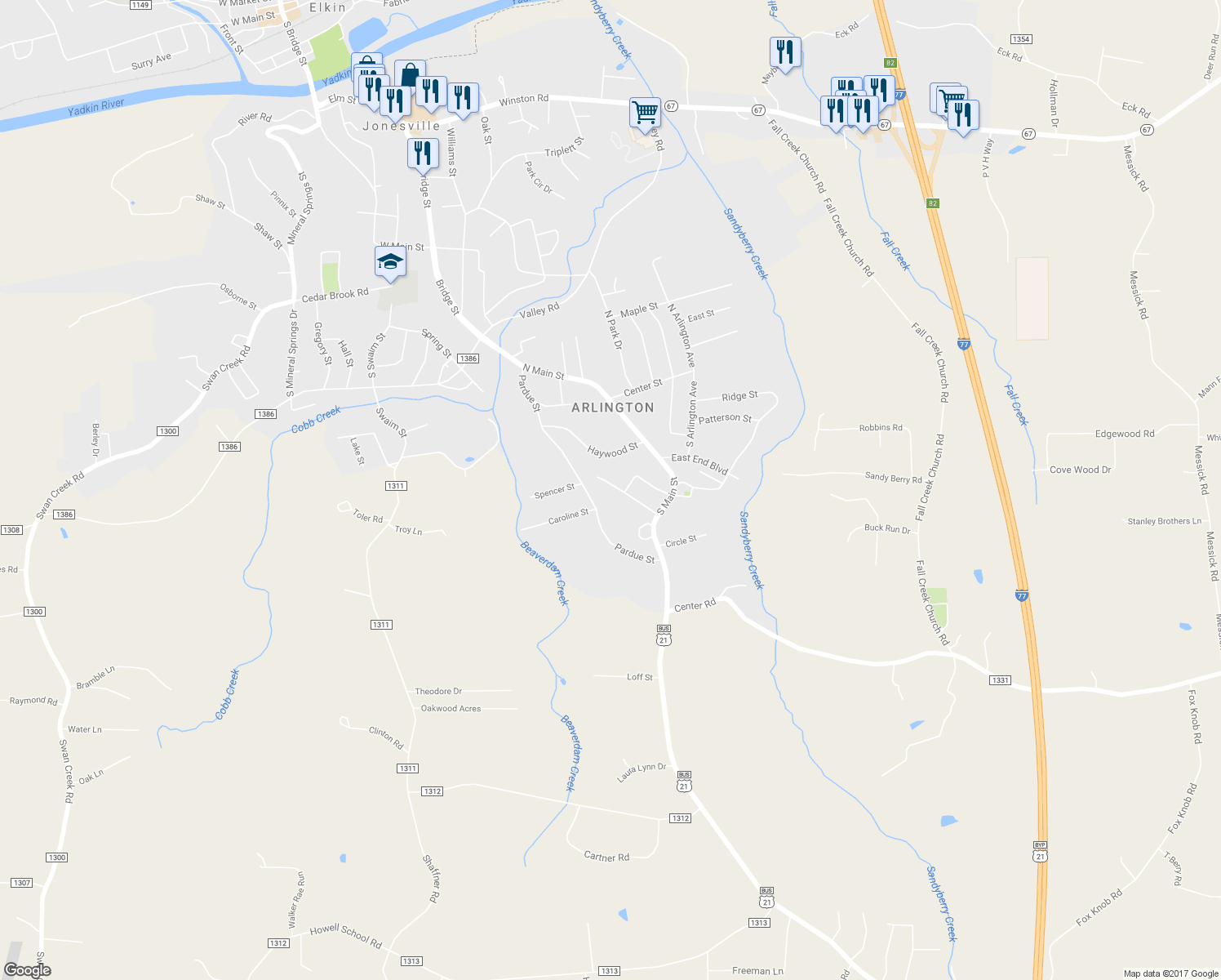 map of restaurants, bars, coffee shops, grocery stores, and more near 133 Bryant Street in Jonesville
