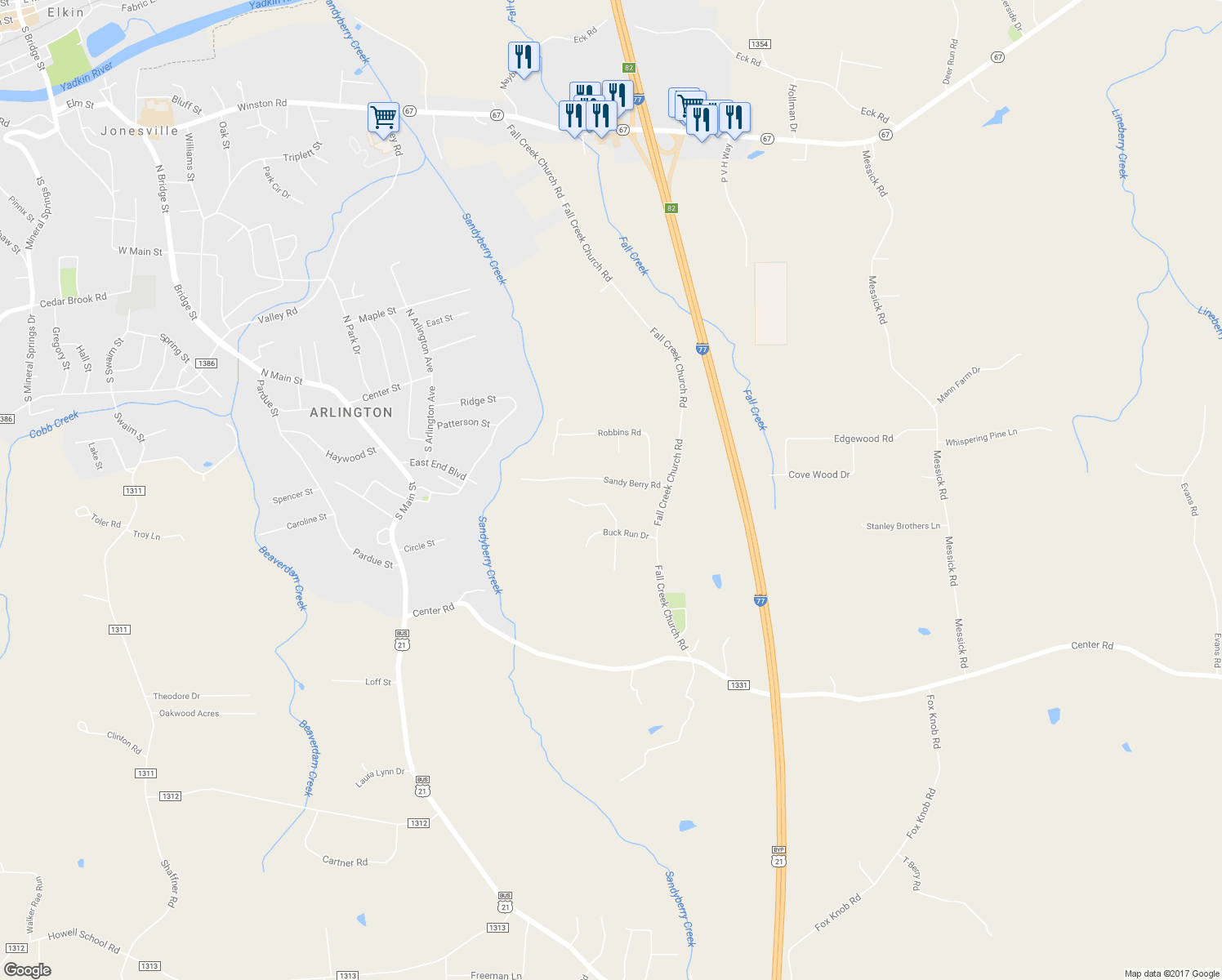 map of restaurants, bars, coffee shops, grocery stores, and more near 4533 Sandy Berry Road in Jonesville