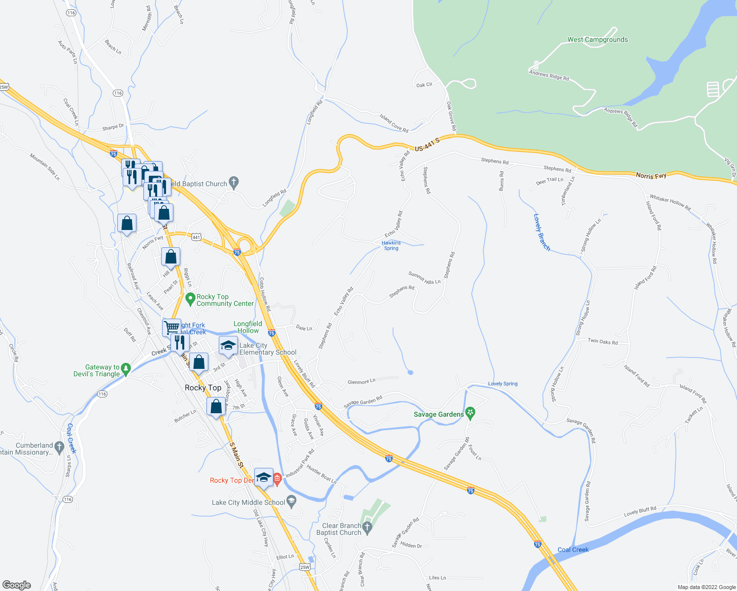 map of restaurants, bars, coffee shops, grocery stores, and more near 265 Stephens Road in Lake City