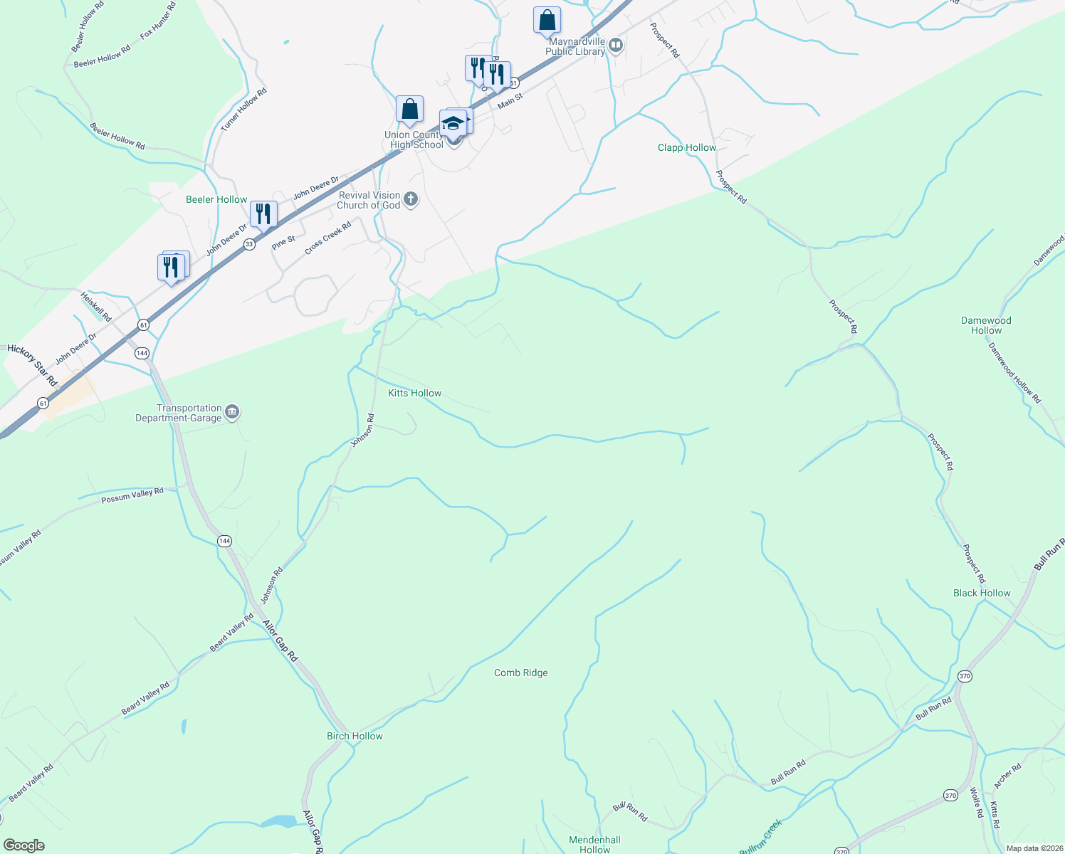 map of restaurants, bars, coffee shops, grocery stores, and more near 409 Timber Creek Road in Maynardville