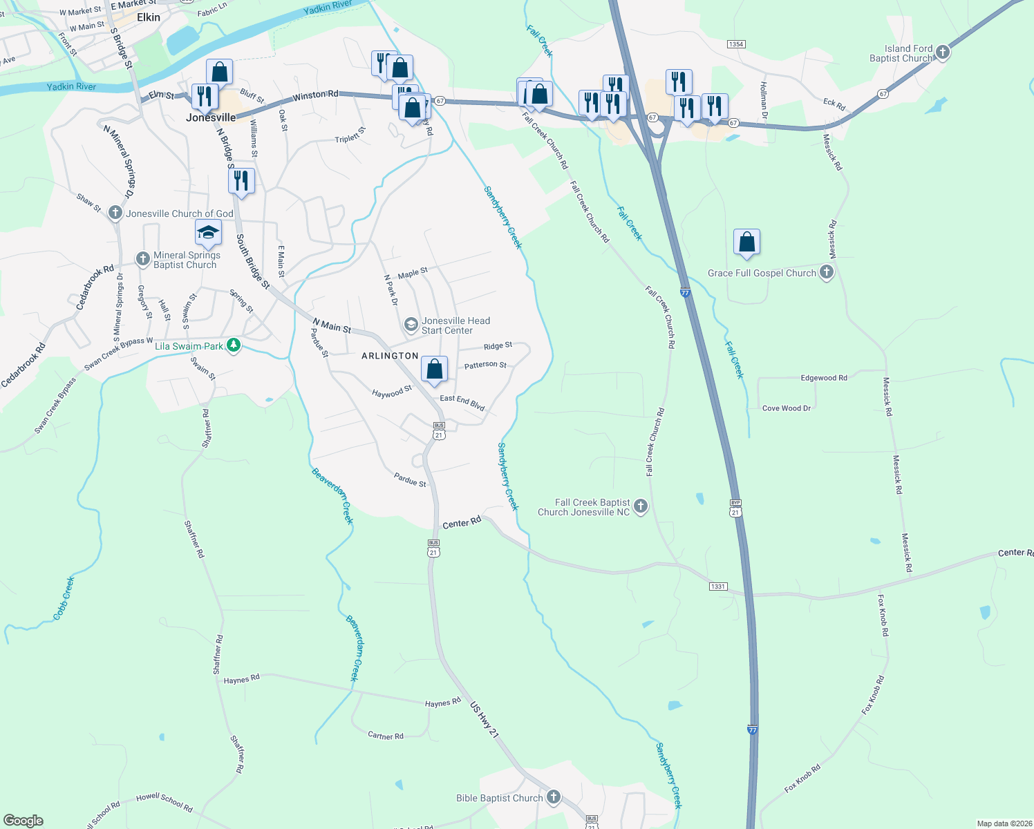 map of restaurants, bars, coffee shops, grocery stores, and more near 212 East End Boulevard in Jonesville