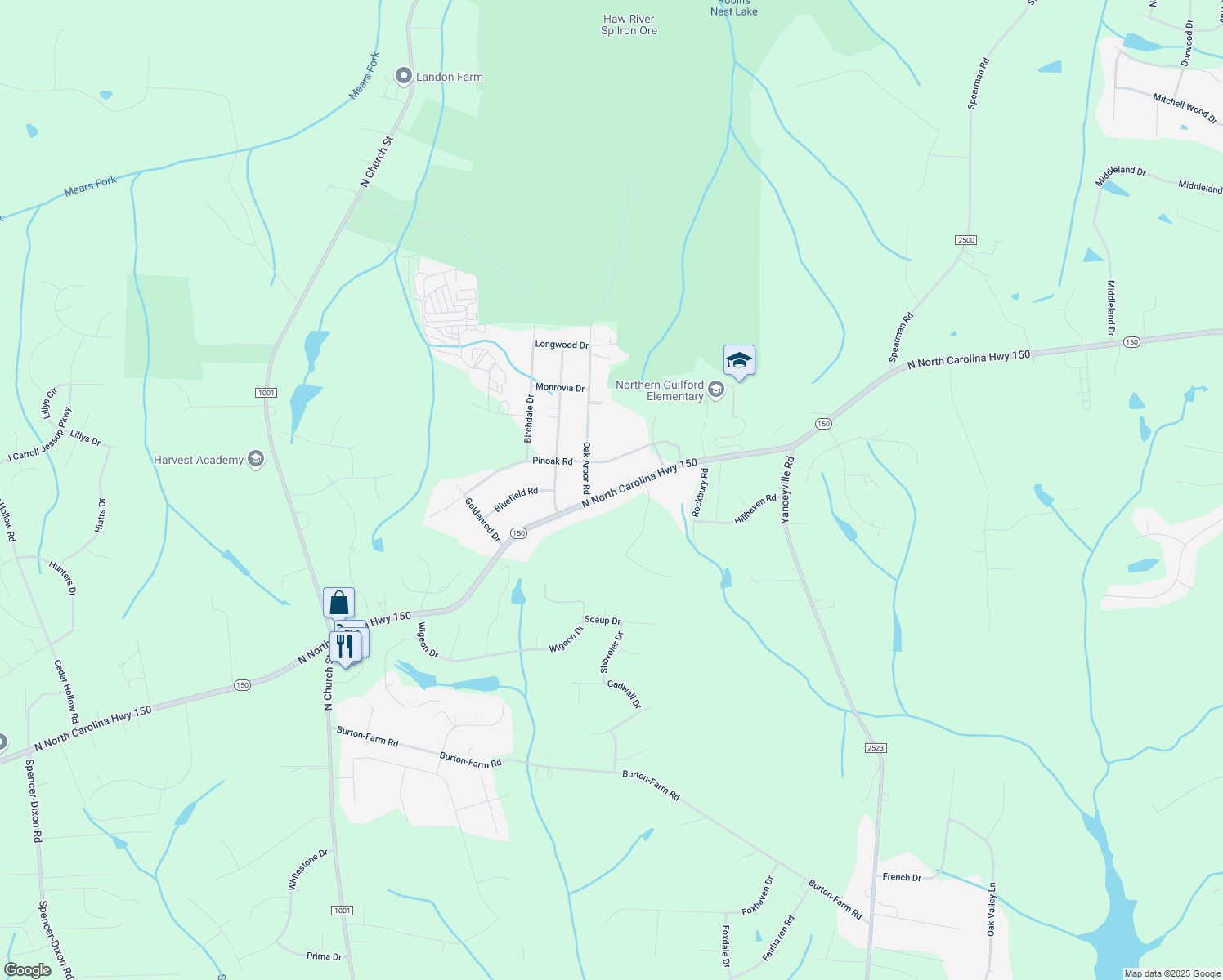 map of restaurants, bars, coffee shops, grocery stores, and more near 3507 North Carolina 150 in Greensboro