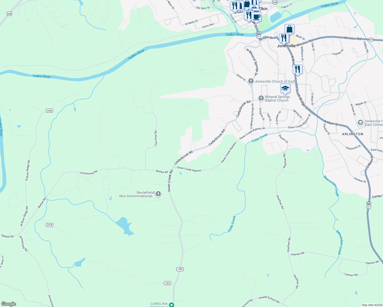 map of restaurants, bars, coffee shops, grocery stores, and more near 5509 Cedarbrook Road in Jonesville