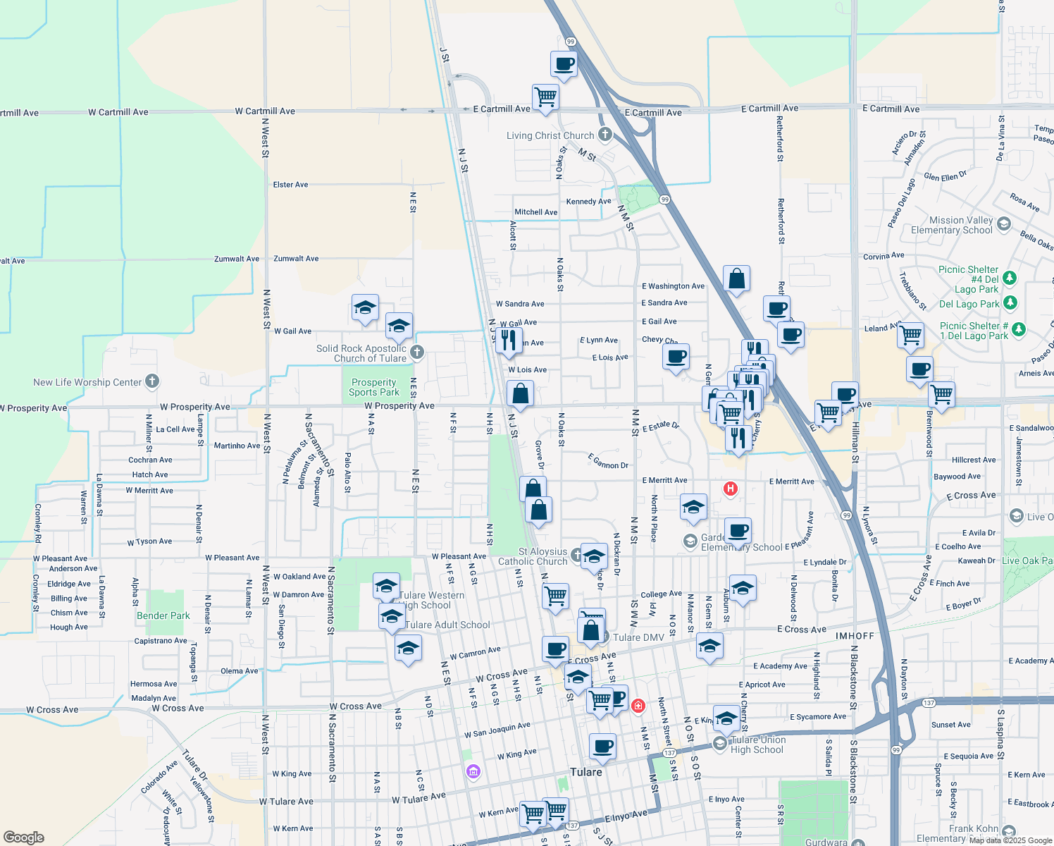 map of restaurants, bars, coffee shops, grocery stores, and more near 1255 Serr Court in Tulare