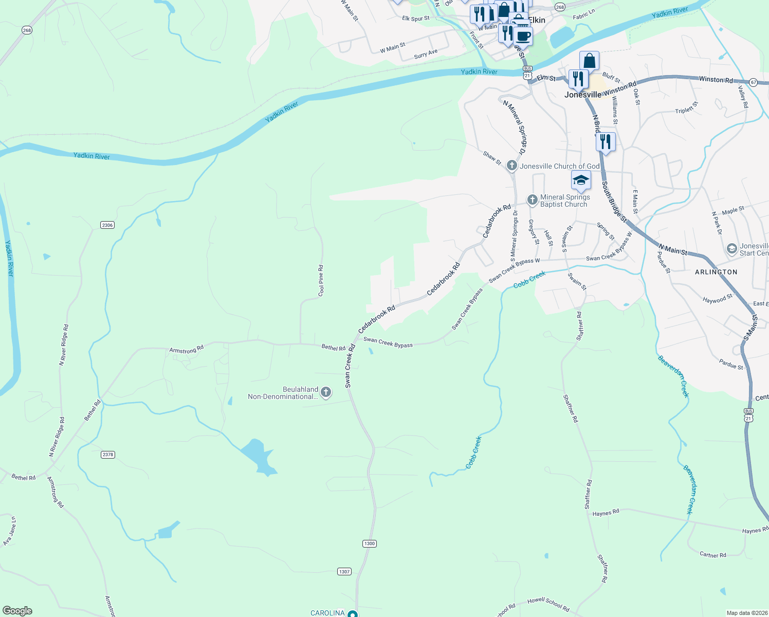 map of restaurants, bars, coffee shops, grocery stores, and more near 5509 Cedarbrook Road in Jonesville