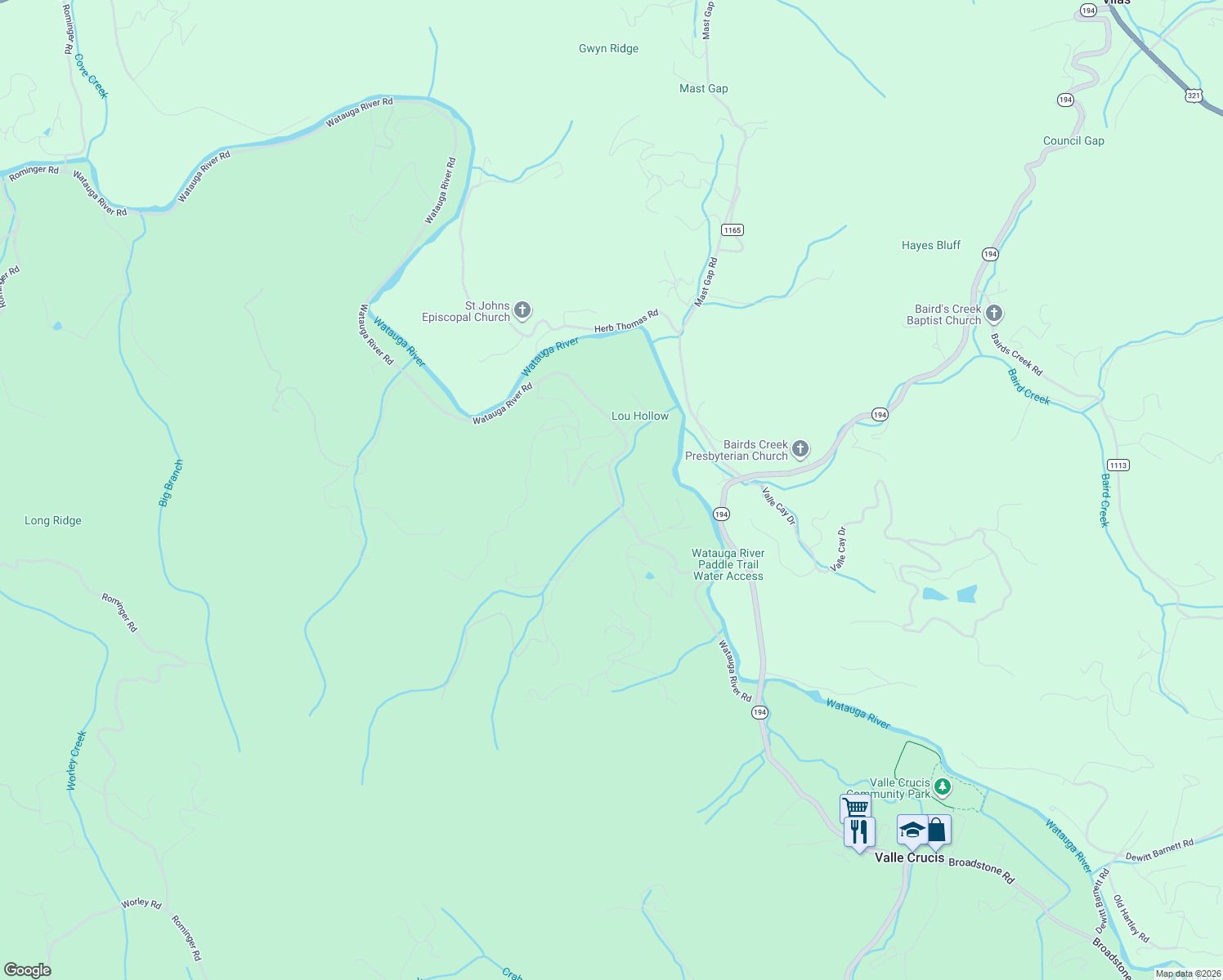 map of restaurants, bars, coffee shops, grocery stores, and more near 983 Watauga River Road in Valle Crucis