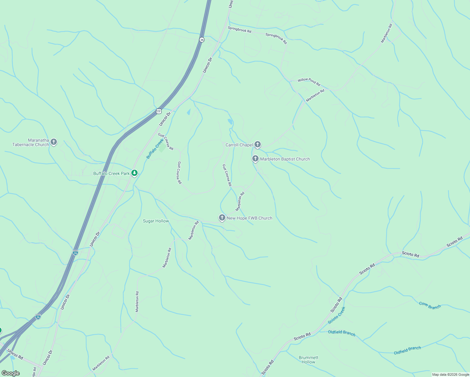 map of restaurants, bars, coffee shops, grocery stores, and more near 372 Golf Course Road in Unicoi