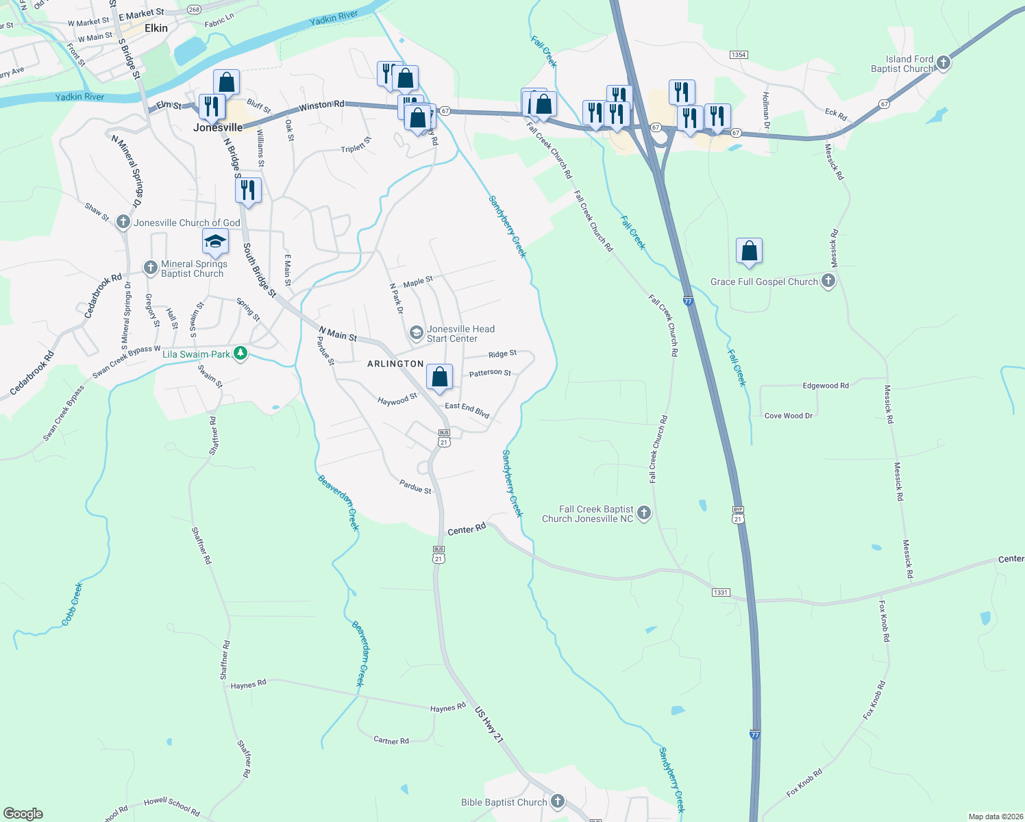 map of restaurants, bars, coffee shops, grocery stores, and more near 212 East End Boulevard in Jonesville