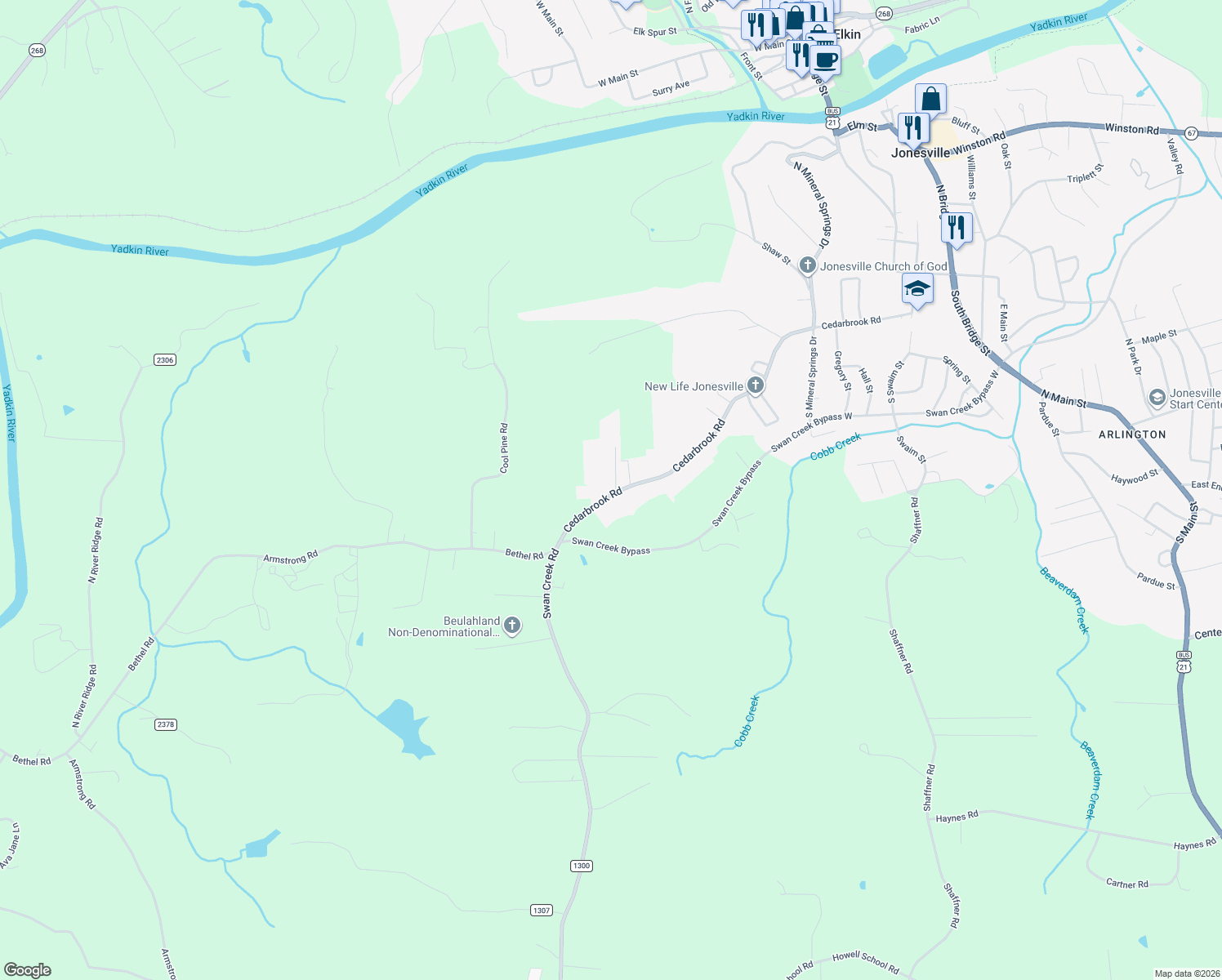 map of restaurants, bars, coffee shops, grocery stores, and more near 5509 Cedarbrook Road in Jonesville