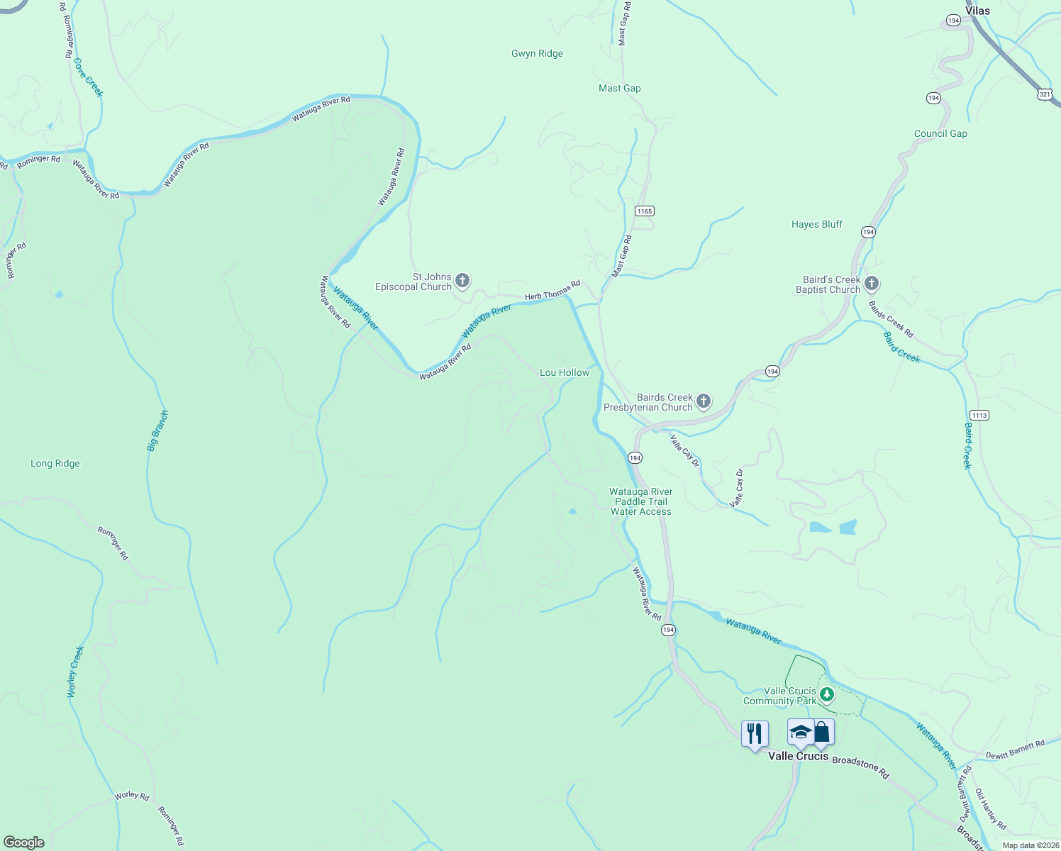 map of restaurants, bars, coffee shops, grocery stores, and more near 983 Watauga River Road in Sugar Grove
