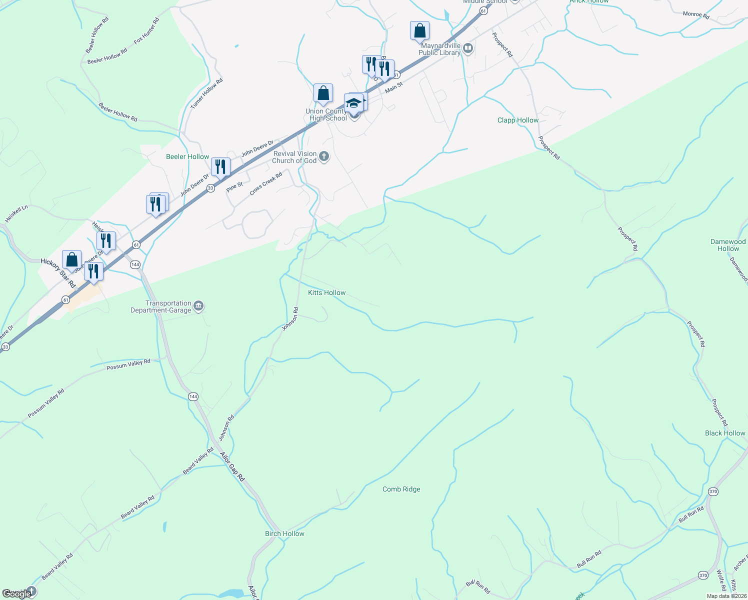 map of restaurants, bars, coffee shops, grocery stores, and more near 409 Timber Creek Road in Maynardville