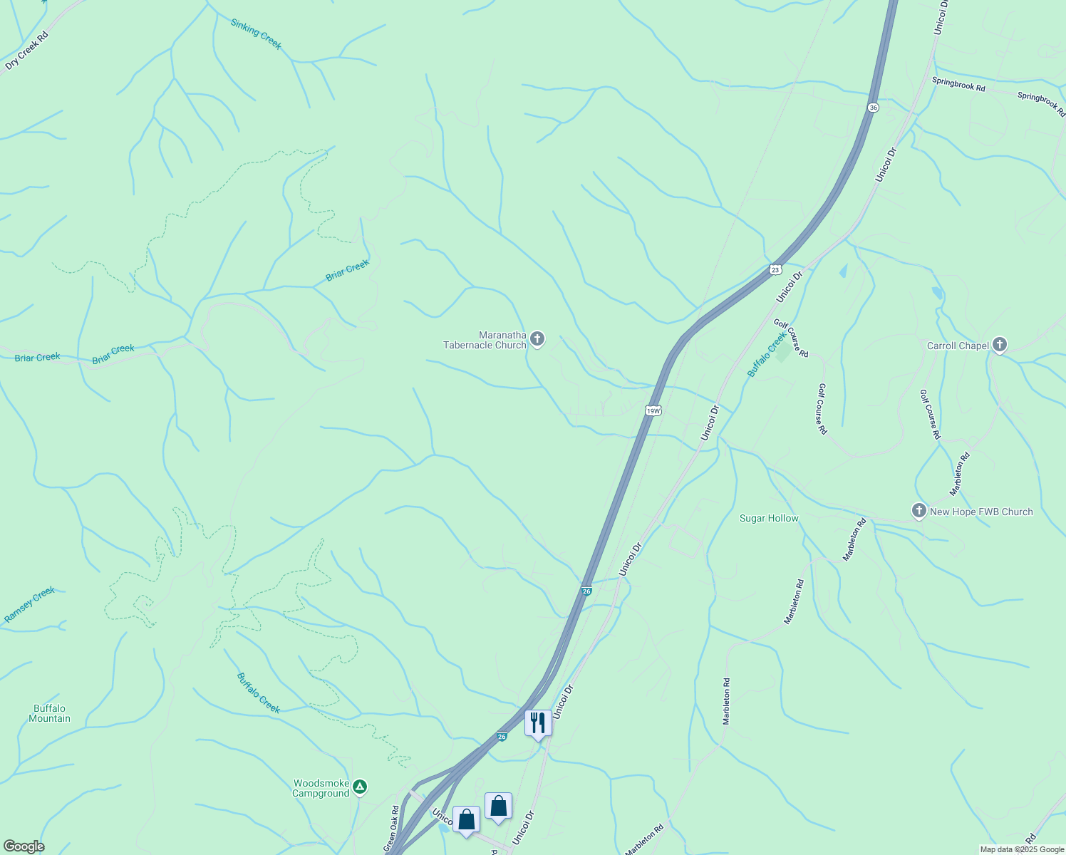 map of restaurants, bars, coffee shops, grocery stores, and more near 270 Honeycutt Road in Unicoi