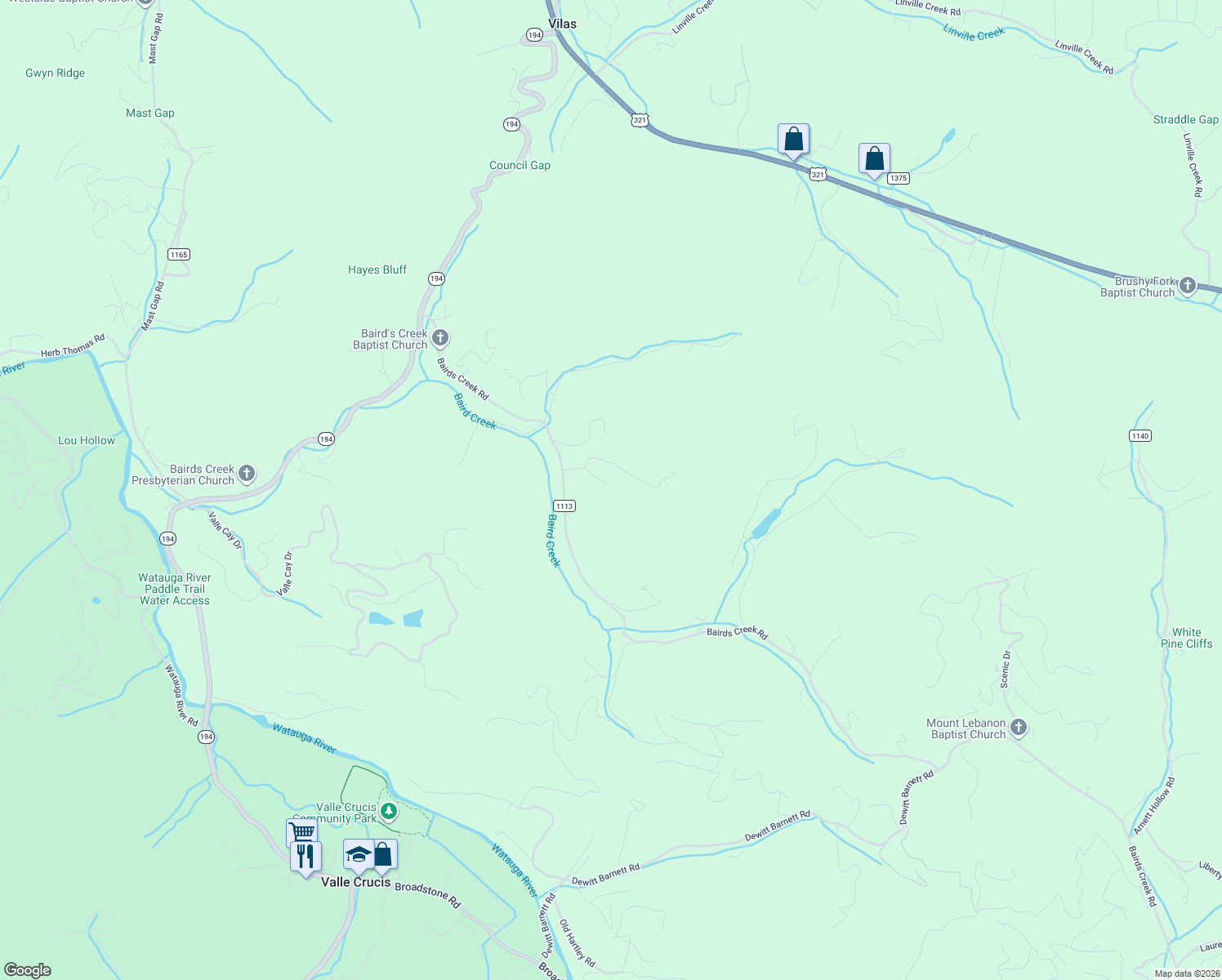 map of restaurants, bars, coffee shops, grocery stores, and more near 322 Rabbit Ridge Run in Vilas