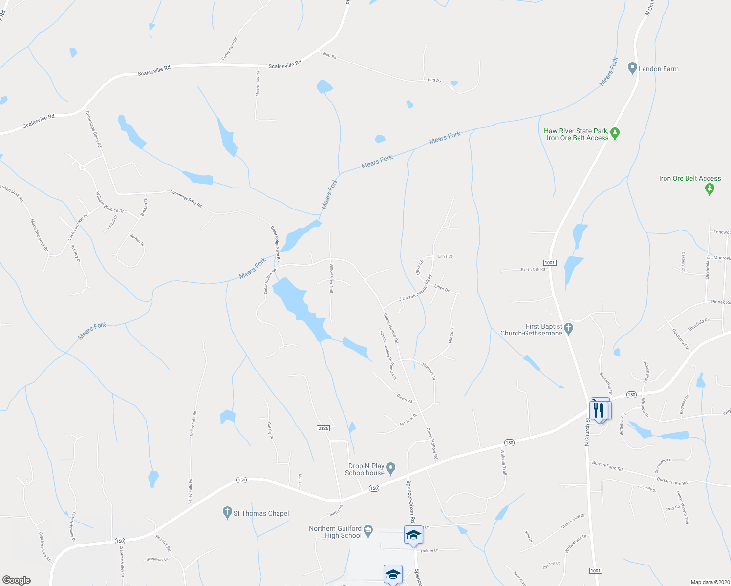 map of restaurants, bars, coffee shops, grocery stores, and more near 801 East Birchbark Lane in Greensboro