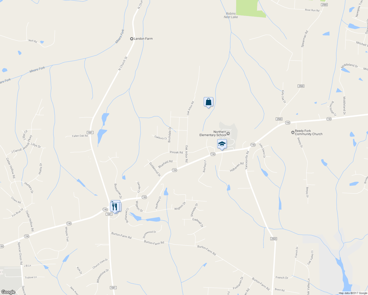 map of restaurants, bars, coffee shops, grocery stores, and more near 8103 Oak Arbor Road in Greensboro