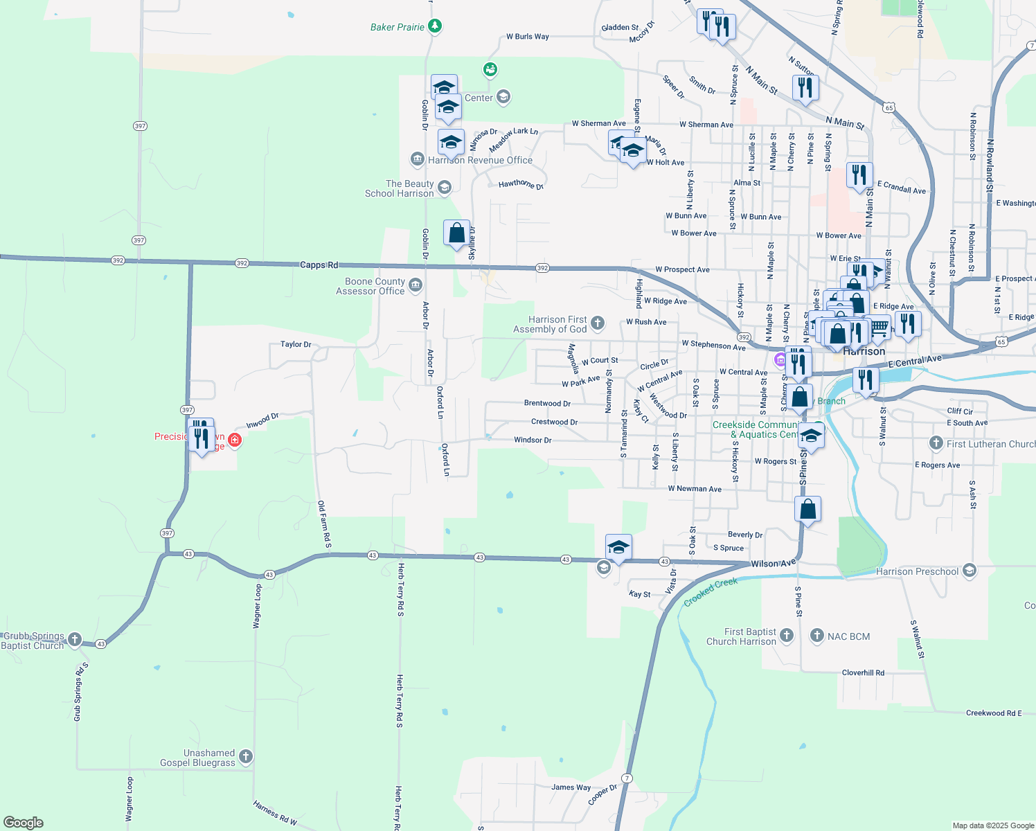 map of restaurants, bars, coffee shops, grocery stores, and more near 1609 Crestwood Dr in Harrison