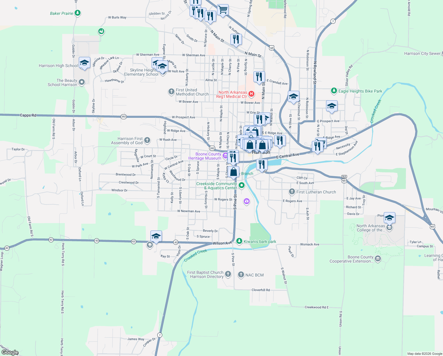 map of restaurants, bars, coffee shops, grocery stores, and more near 521 West South Avenue in Harrison