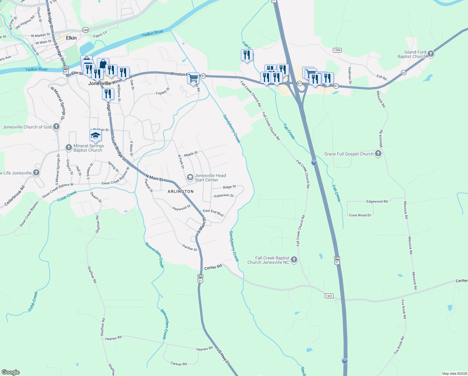 map of restaurants, bars, coffee shops, grocery stores, and more near 132 Ridge Street in Jonesville