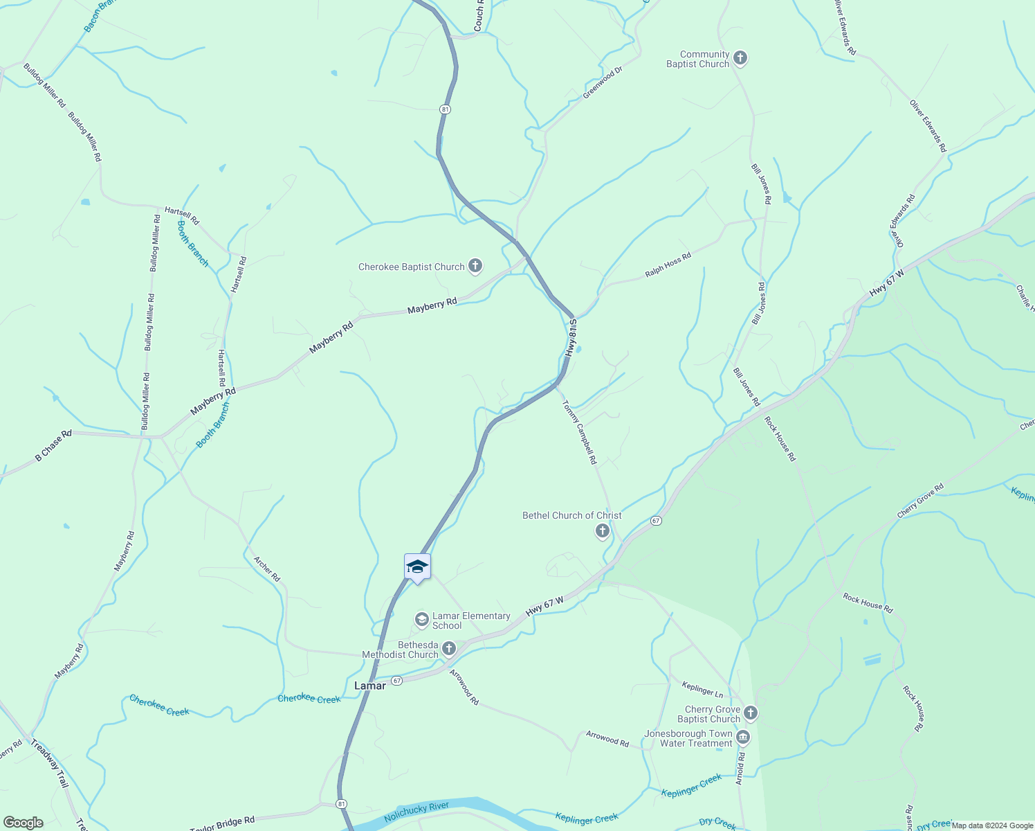 map of restaurants, bars, coffee shops, grocery stores, and more near 3029 Highway 81 South in Jonesborough