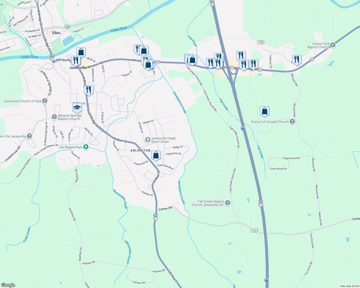 map of restaurants, bars, coffee shops, grocery stores, and more near 132 Ridge Street in Jonesville