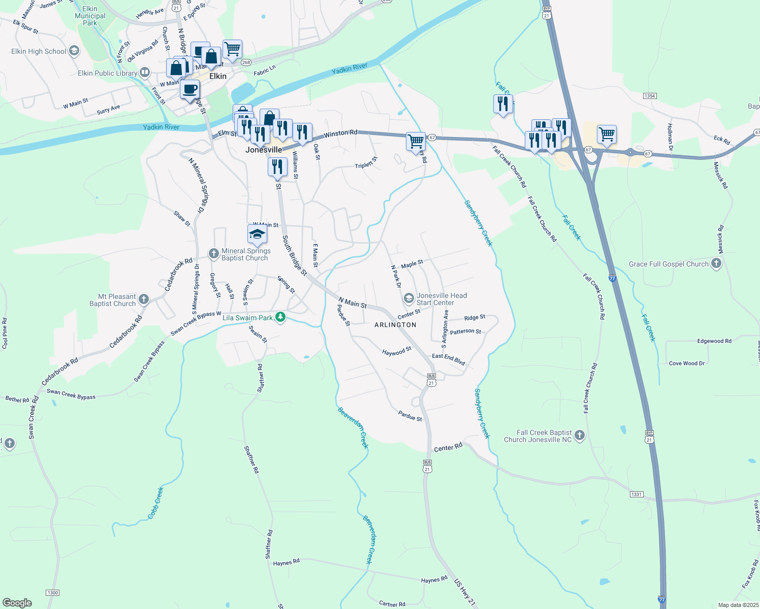 map of restaurants, bars, coffee shops, grocery stores, and more near 130 North Main Street in Jonesville