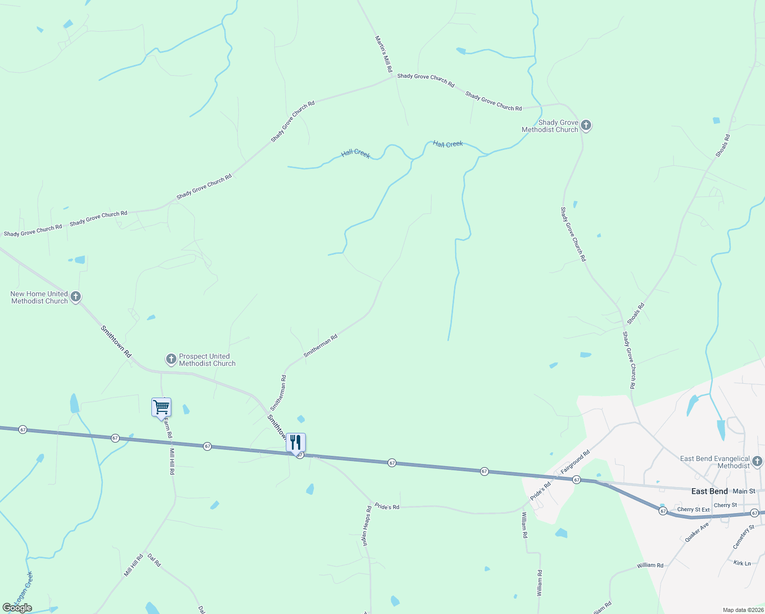 map of restaurants, bars, coffee shops, grocery stores, and more near 3700 Smitherman Rd in East Bend