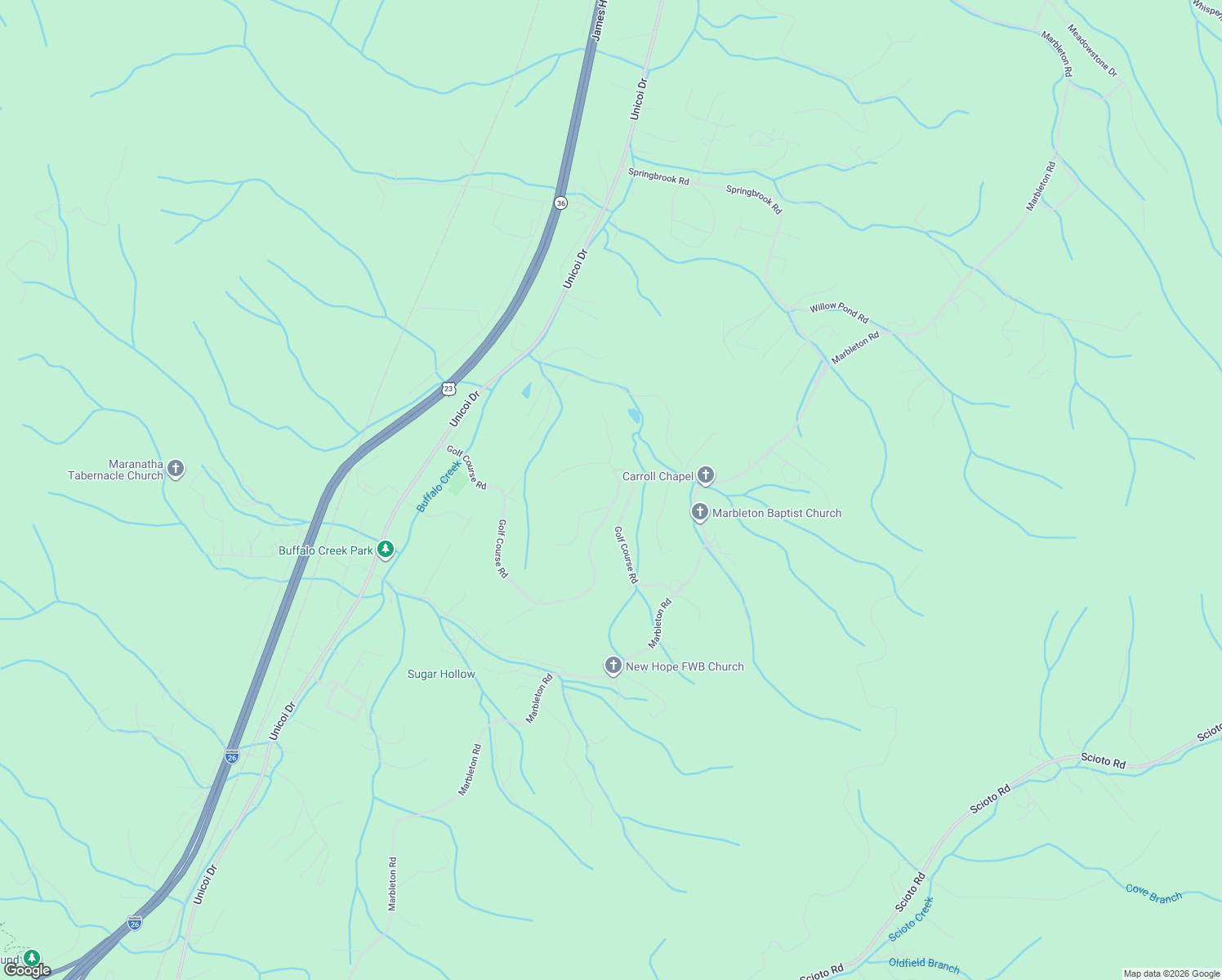 map of restaurants, bars, coffee shops, grocery stores, and more near 343 Golf Course Road in Unicoi