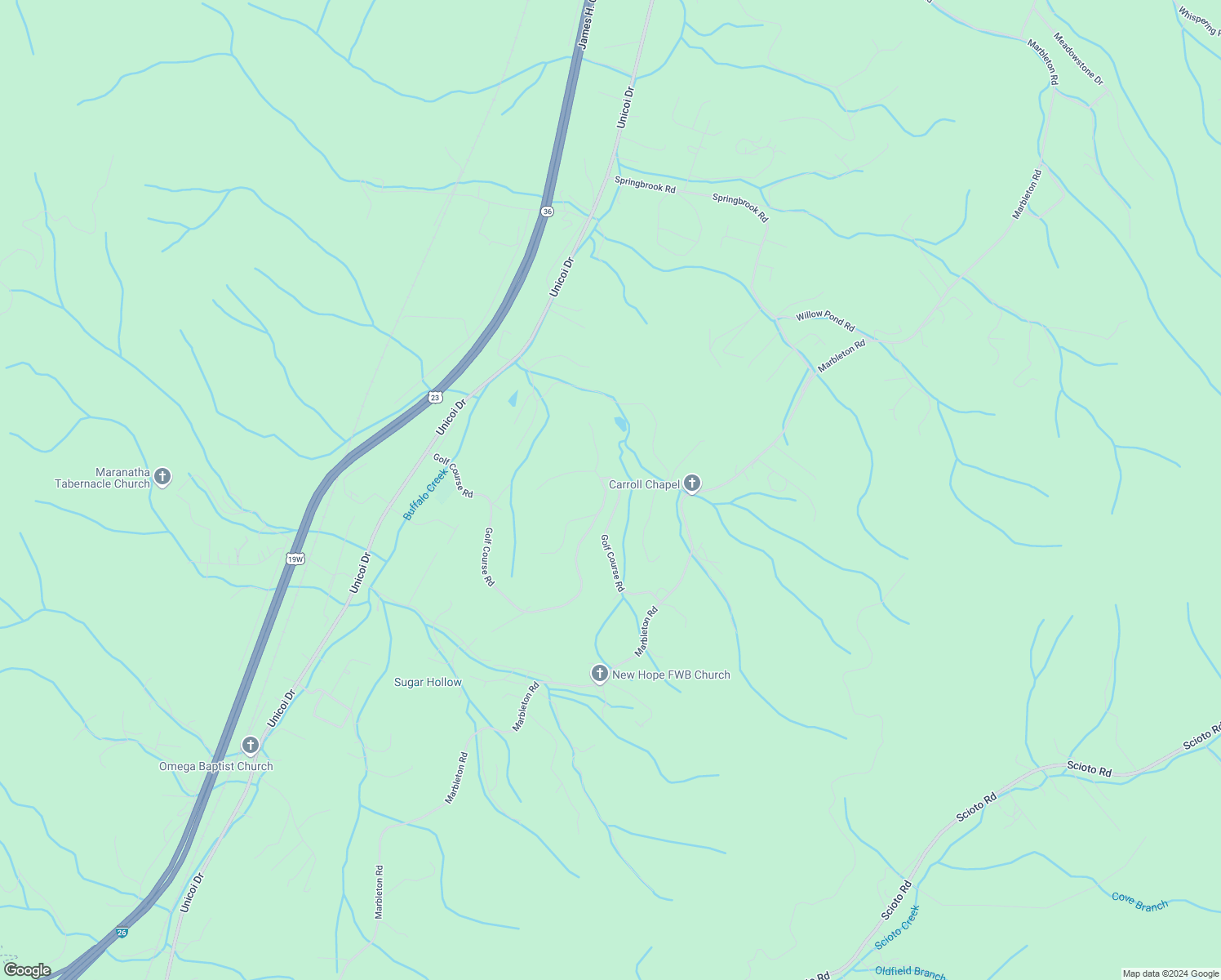 map of restaurants, bars, coffee shops, grocery stores, and more near 346 Golf Course Road in Unicoi