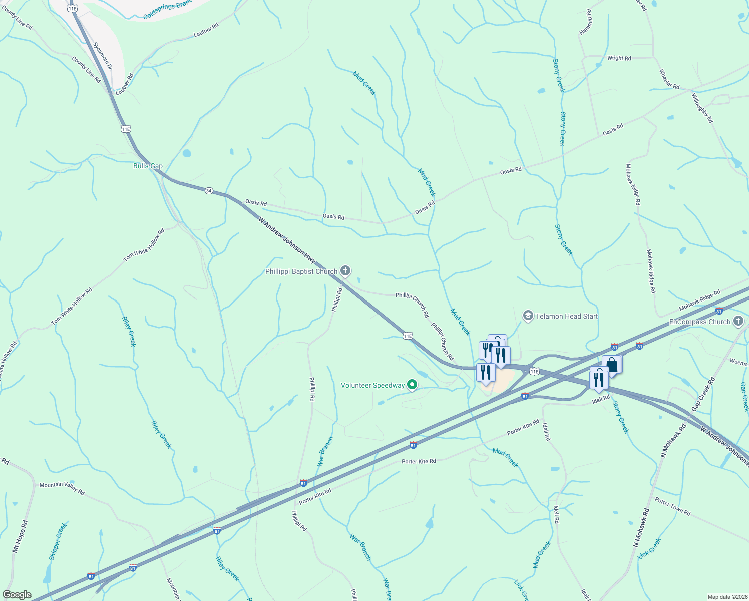 map of restaurants, bars, coffee shops, grocery stores, and more near 14650 W Andrew Johnson Hwy in Bulls Gap