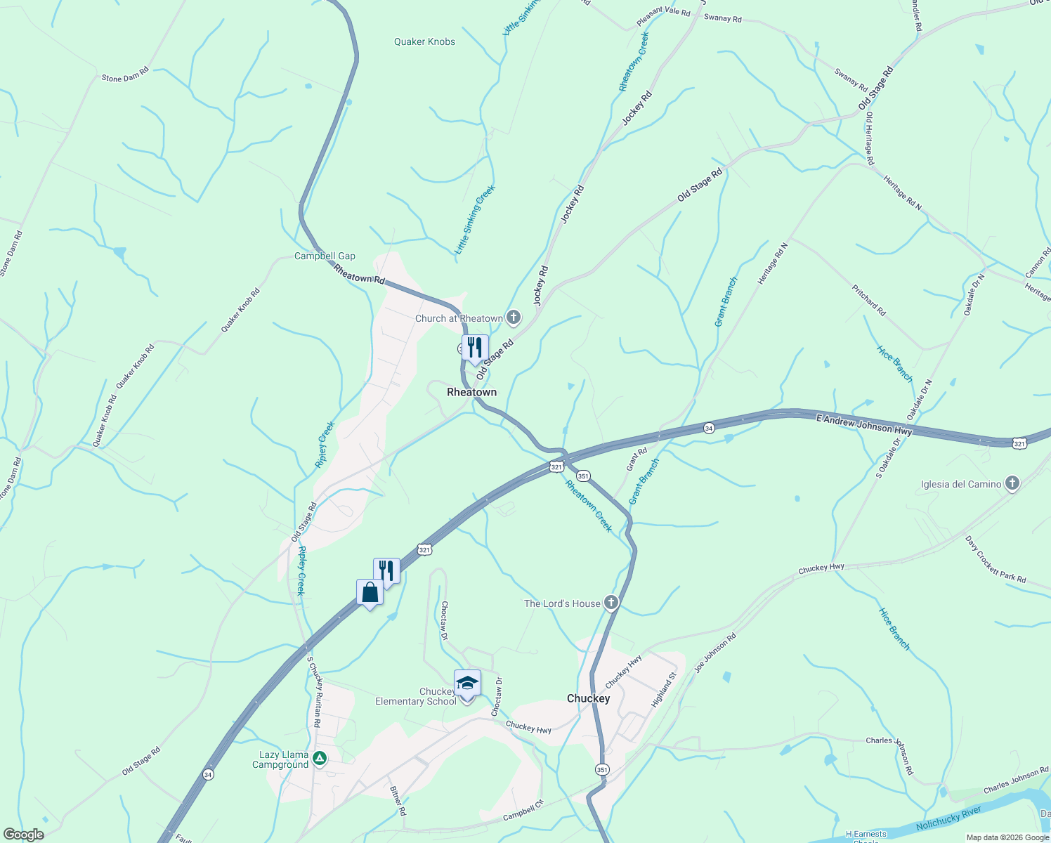 map of restaurants, bars, coffee shops, grocery stores, and more near 180 Rheatown Rd in Chuckey