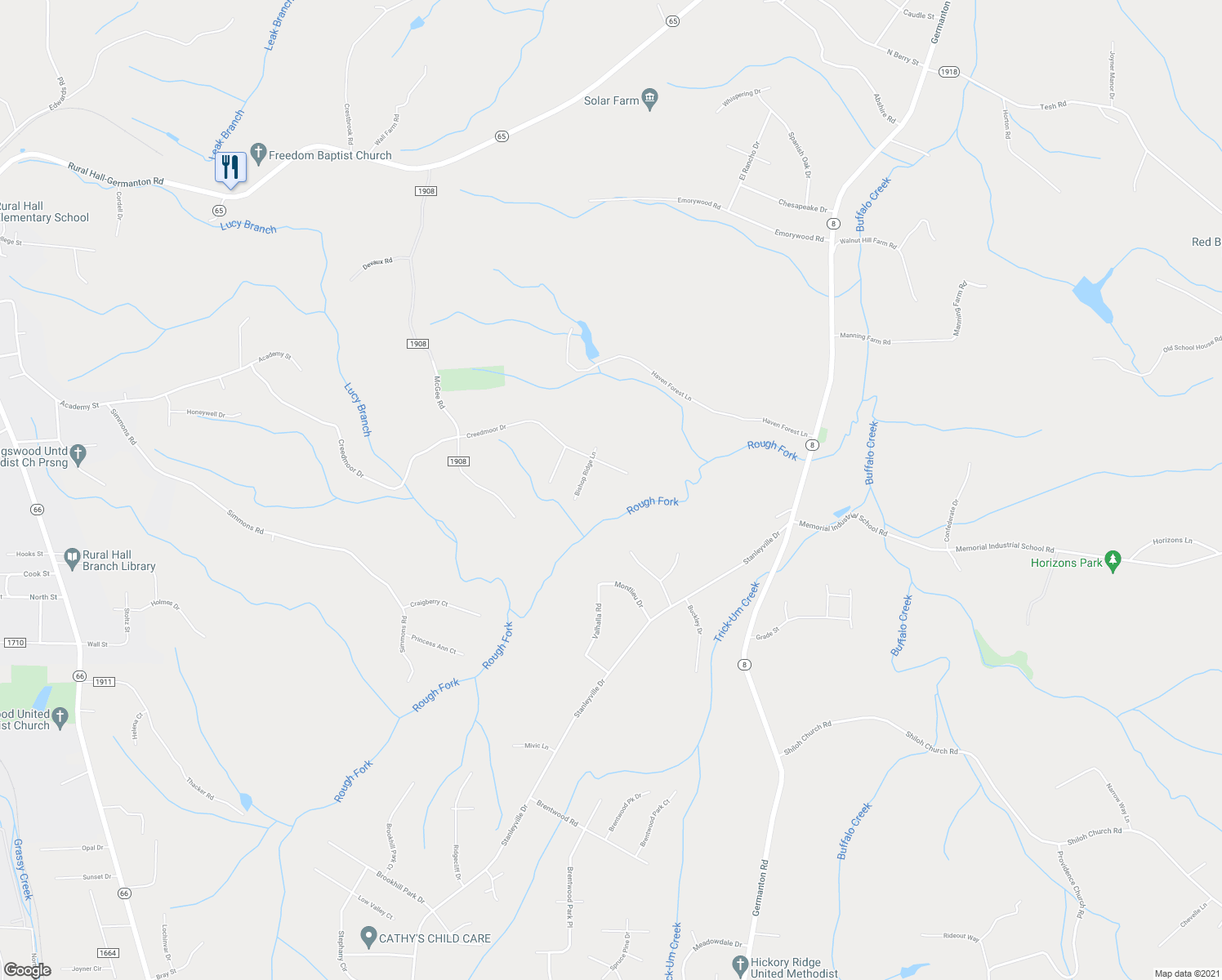 map of restaurants, bars, coffee shops, grocery stores, and more near 8320 Creedmoor Drive in Rural Hall