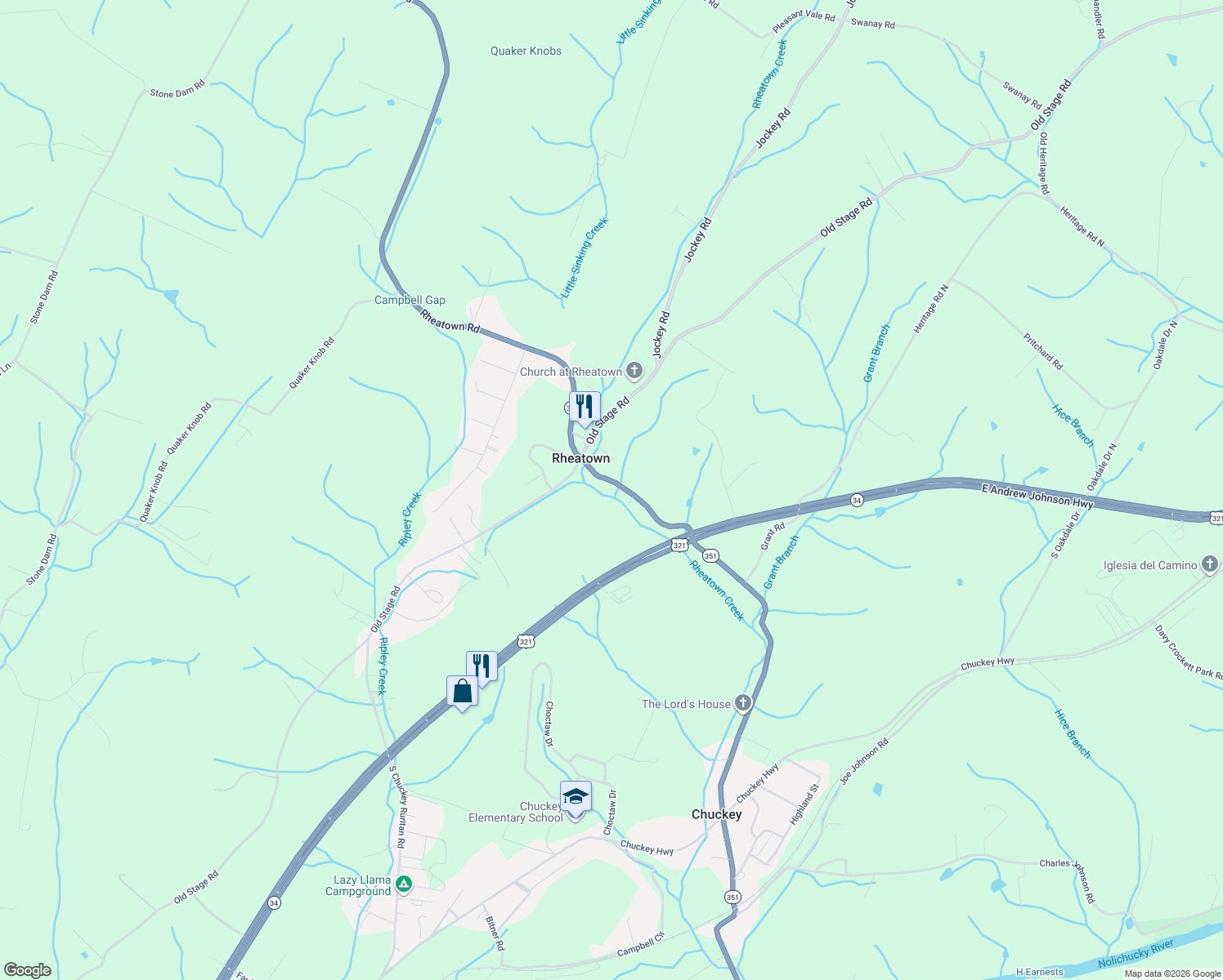 map of restaurants, bars, coffee shops, grocery stores, and more near 265 Rheatown Rd in Chuckey