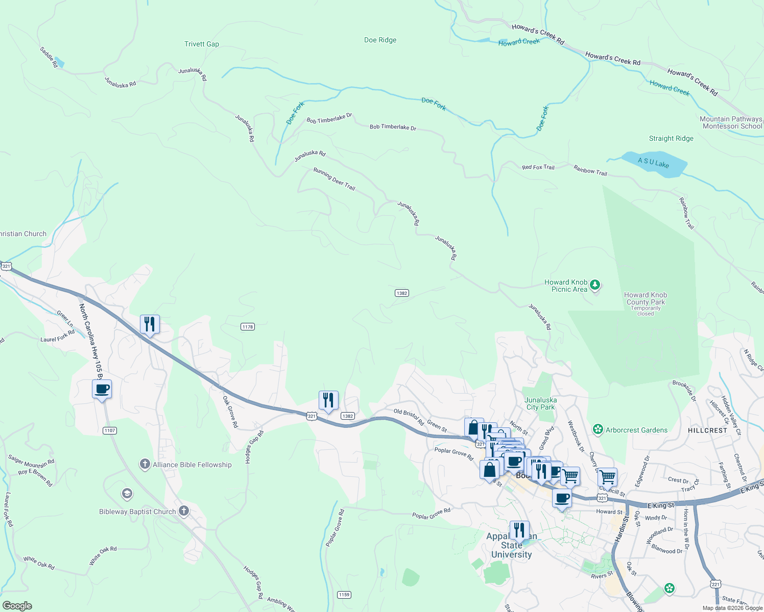 map of restaurants, bars, coffee shops, grocery stores, and more near 1200 Pinnacle Drive in Boone