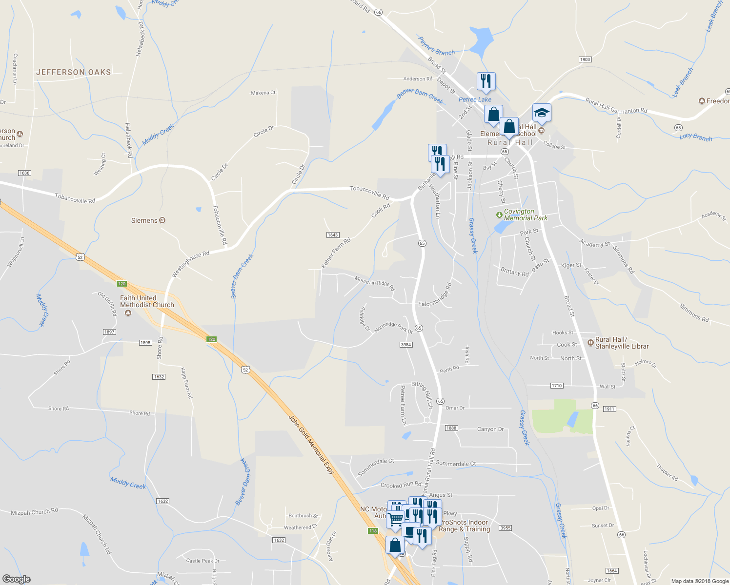 map of restaurants, bars, coffee shops, grocery stores, and more near 1097 Spruce Garden Drive in Rural Hall