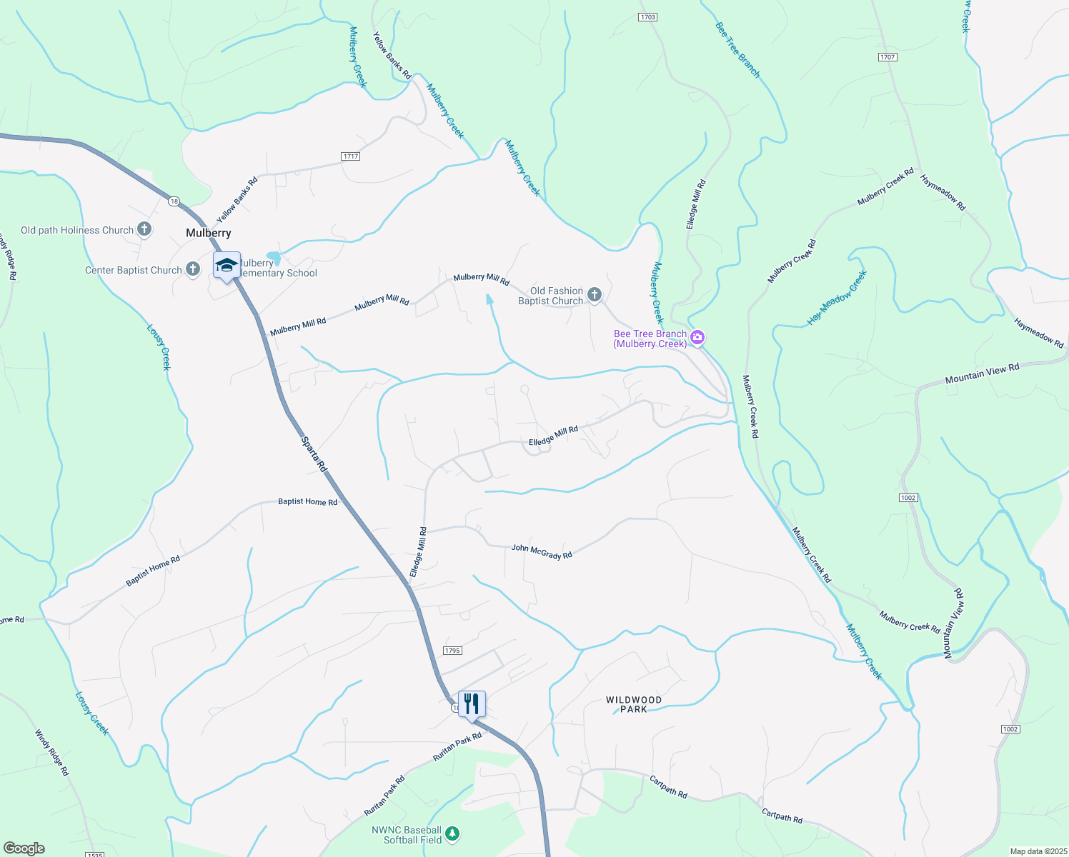map of restaurants, bars, coffee shops, grocery stores, and more near 258 Circle Drive in North Wilkesboro