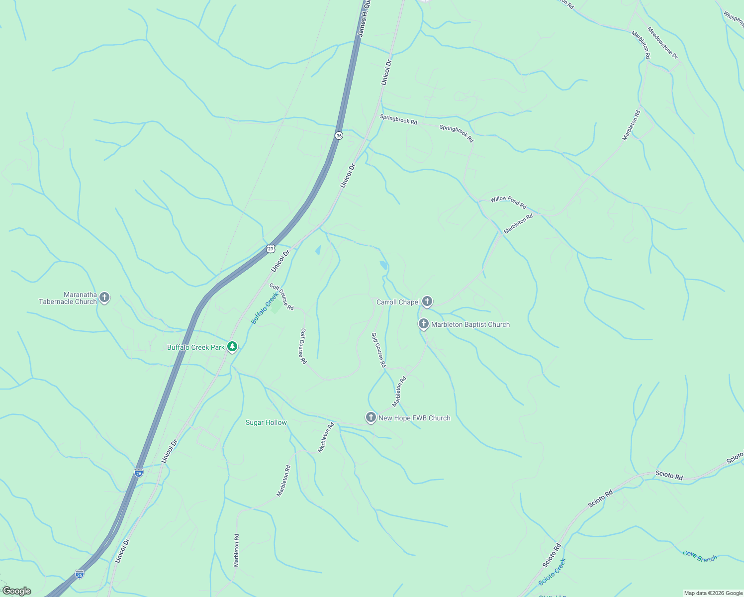 map of restaurants, bars, coffee shops, grocery stores, and more near 343 Golf Course Road in Unicoi