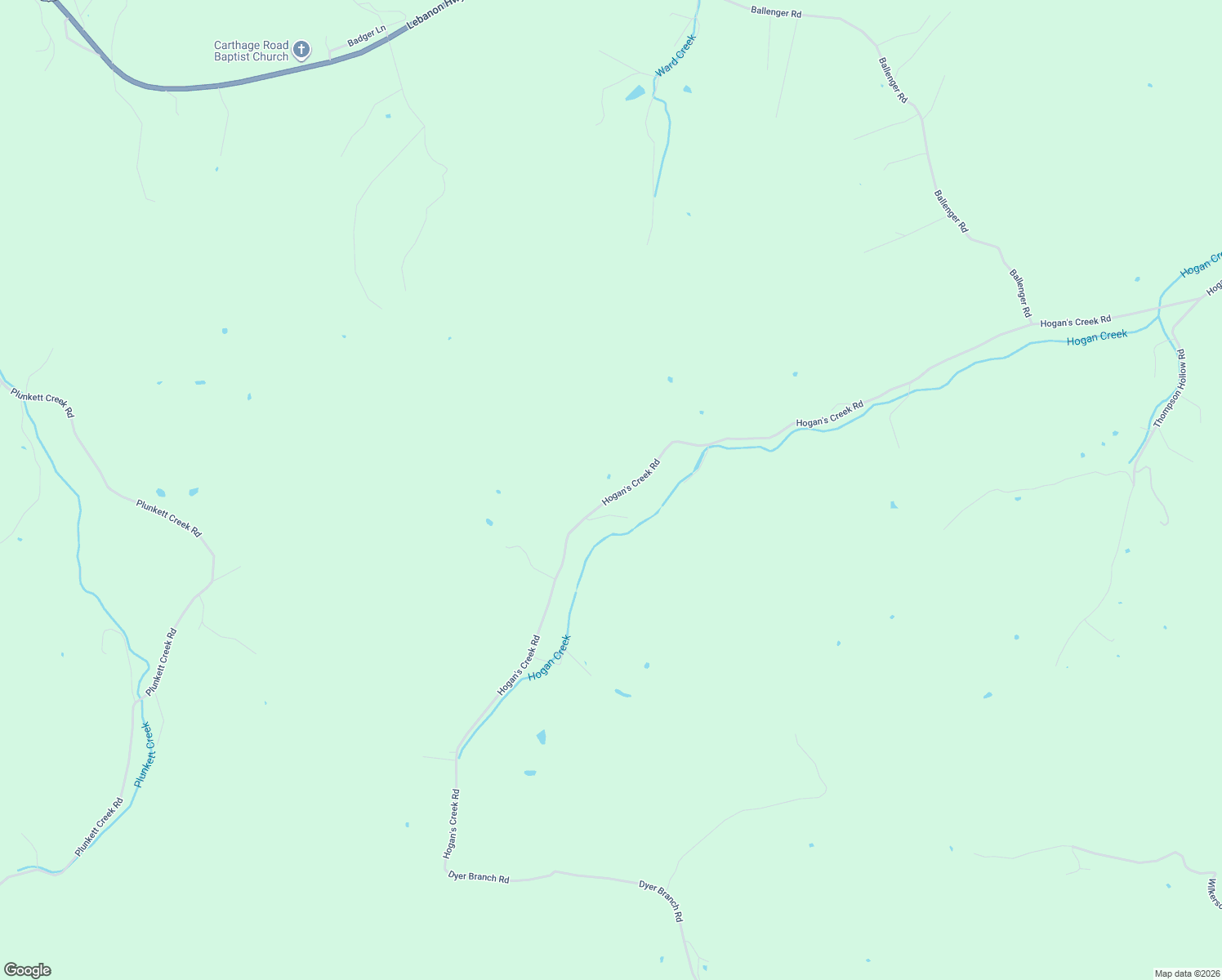 map of restaurants, bars, coffee shops, grocery stores, and more near 353 Hogan's Creek Road in Carthage
