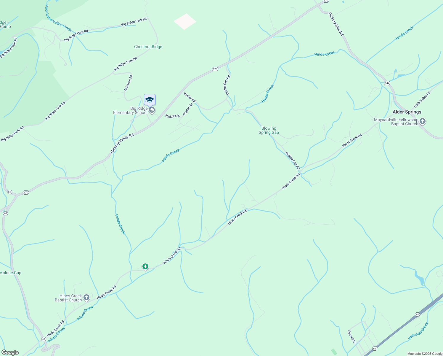 map of restaurants, bars, coffee shops, grocery stores, and more near 540 Hinds Creek Road in Maynardville