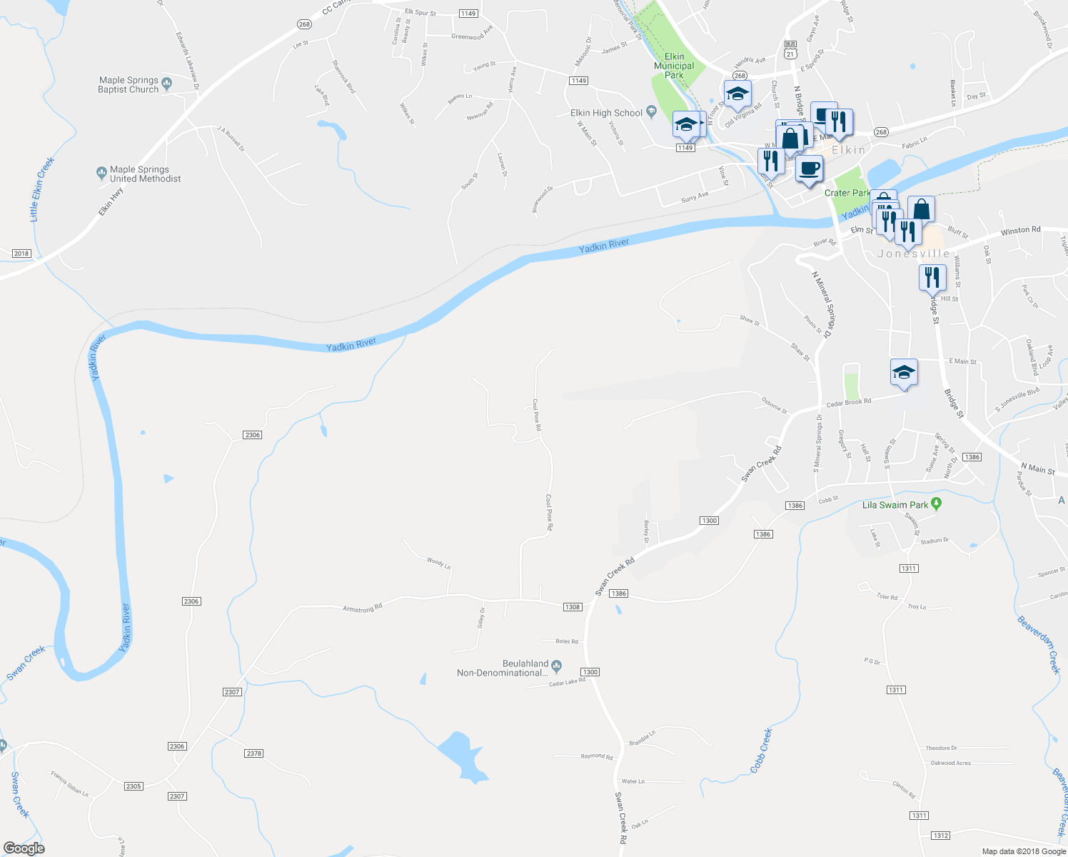 map of restaurants, bars, coffee shops, grocery stores, and more near 3825 Cool Pine Road in Jonesville