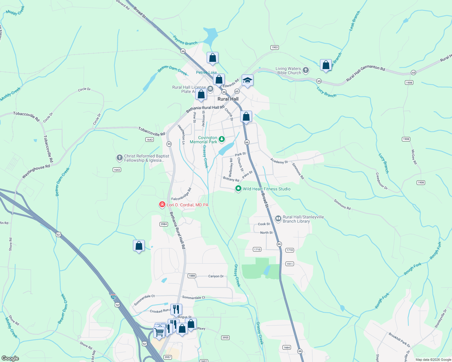 map of restaurants, bars, coffee shops, grocery stores, and more near 280 Brittany Road in Rural Hall