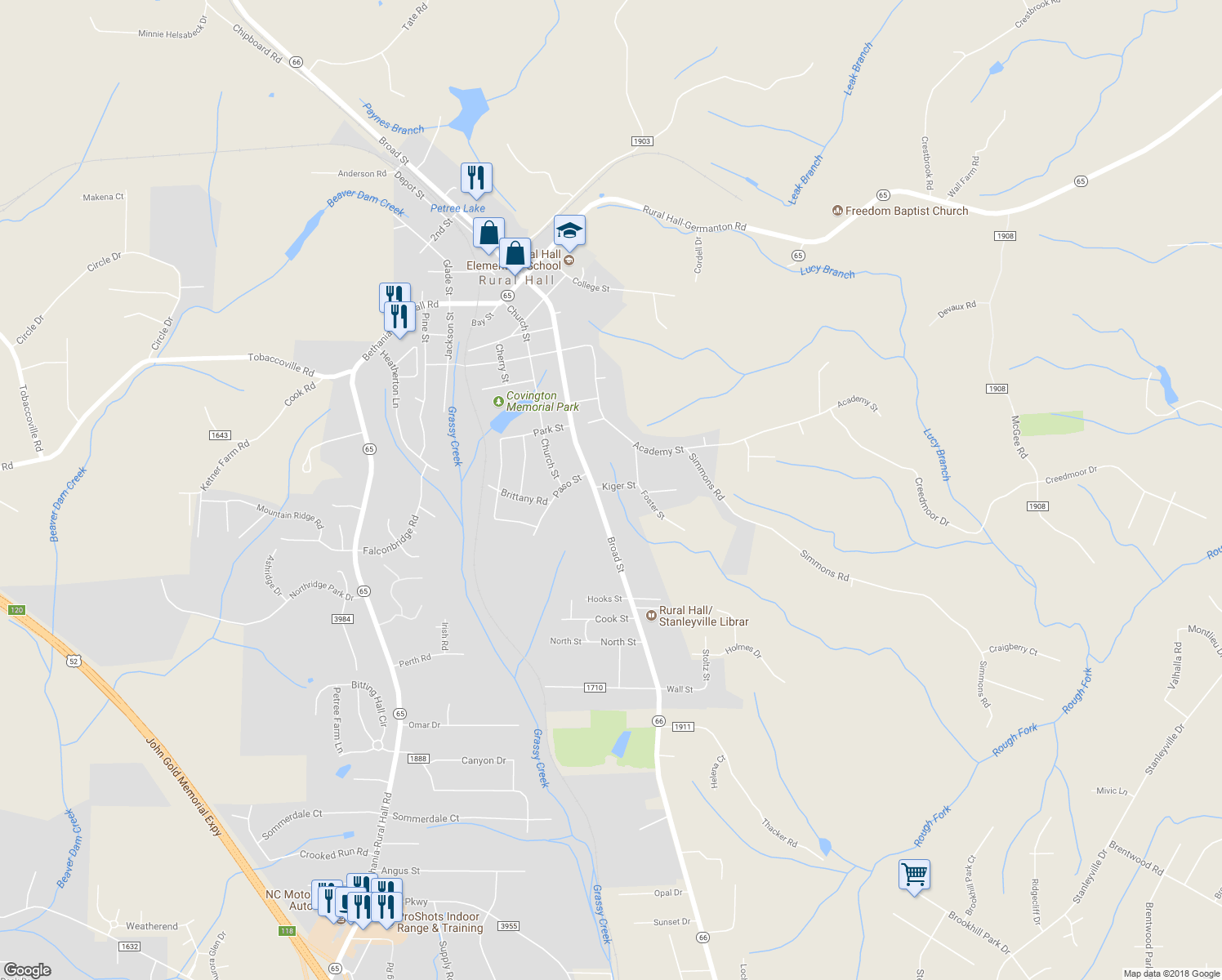 map of restaurants, bars, coffee shops, grocery stores, and more near 120 Kiger Street in Rural Hall